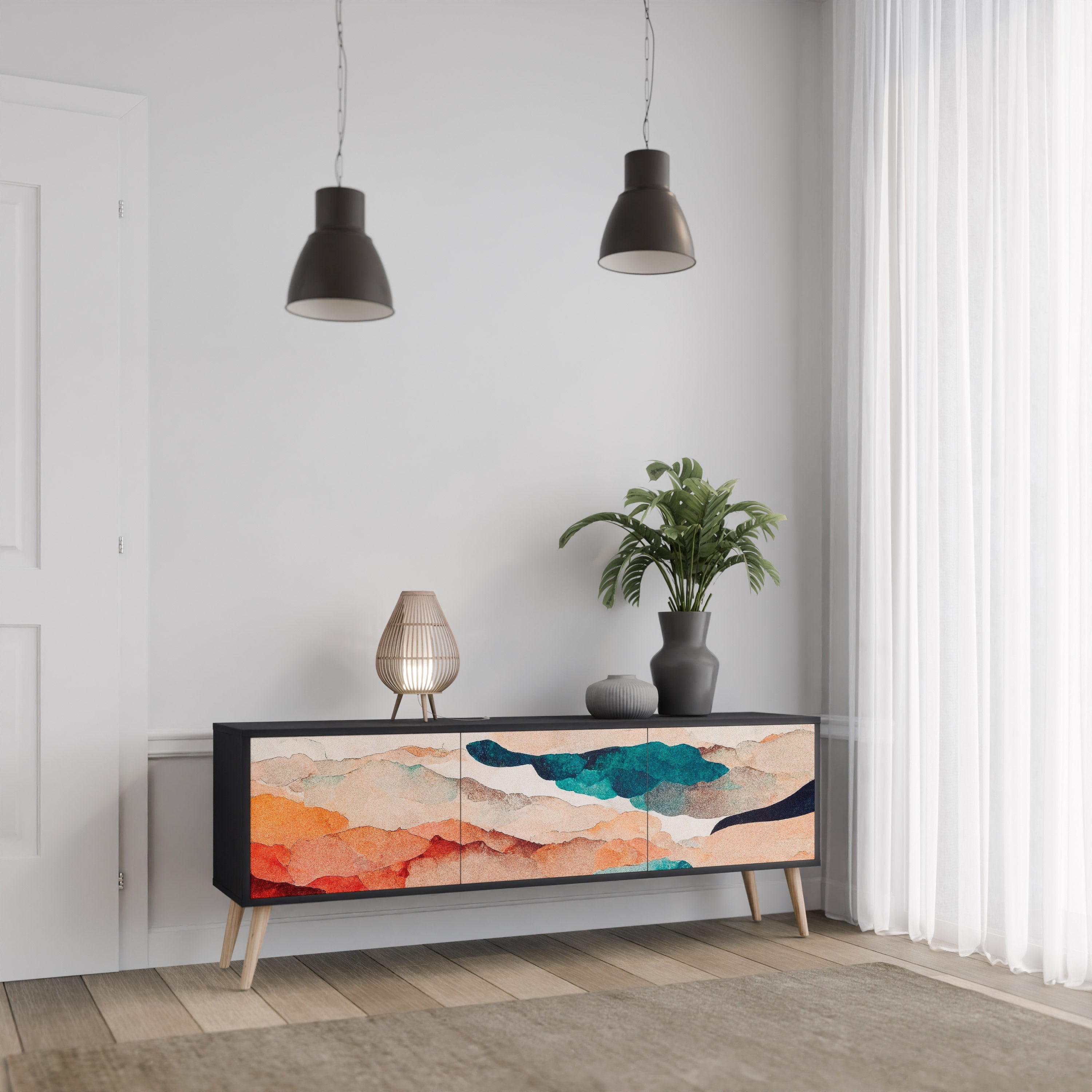 Βάση τηλεόρασης ABSTRACT LANDSCAPE με 3 πόρτες σε μαύρο φινίρισμα