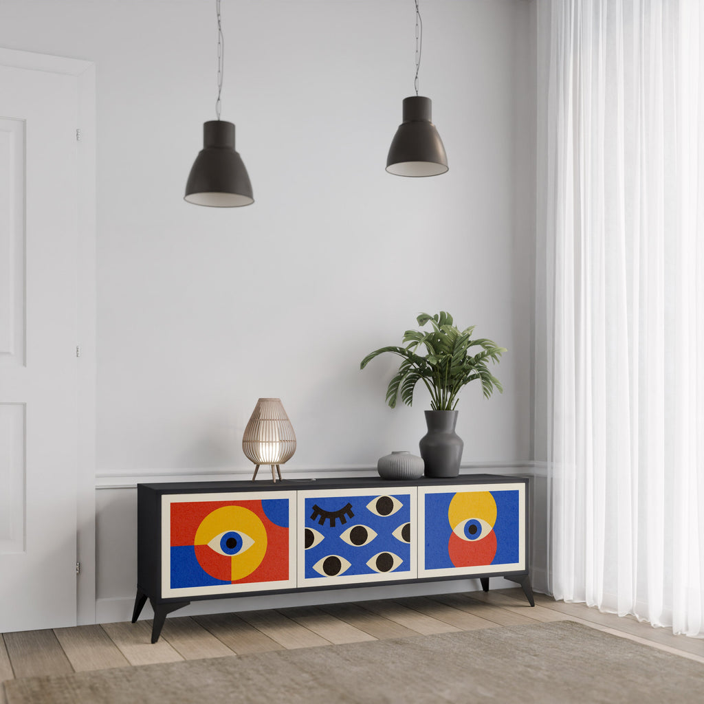 Βάση τηλεόρασης GEOMETRIC EYES με 3 πόρτες σε μαύρο φινίρισμα