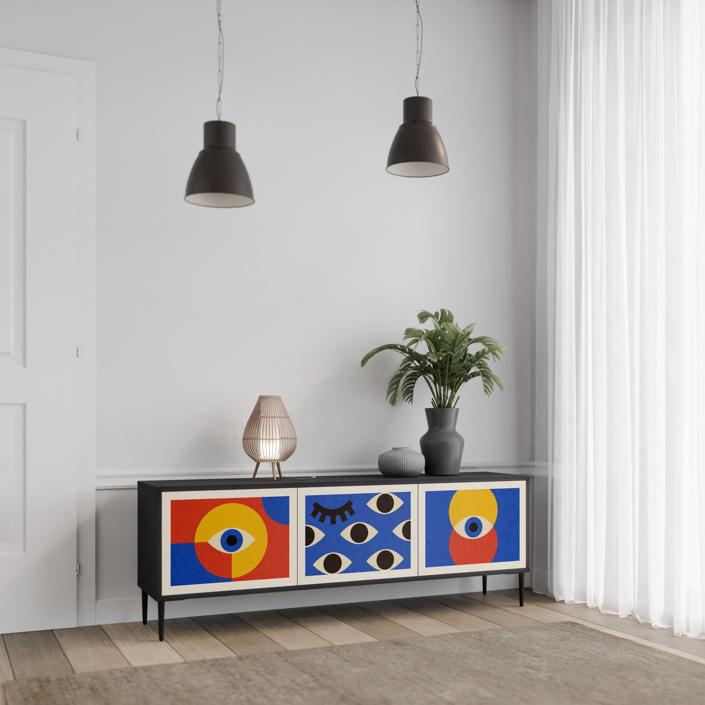 Βάση τηλεόρασης GEOMETRIC EYES με 3 πόρτες σε μαύρο φινίρισμα