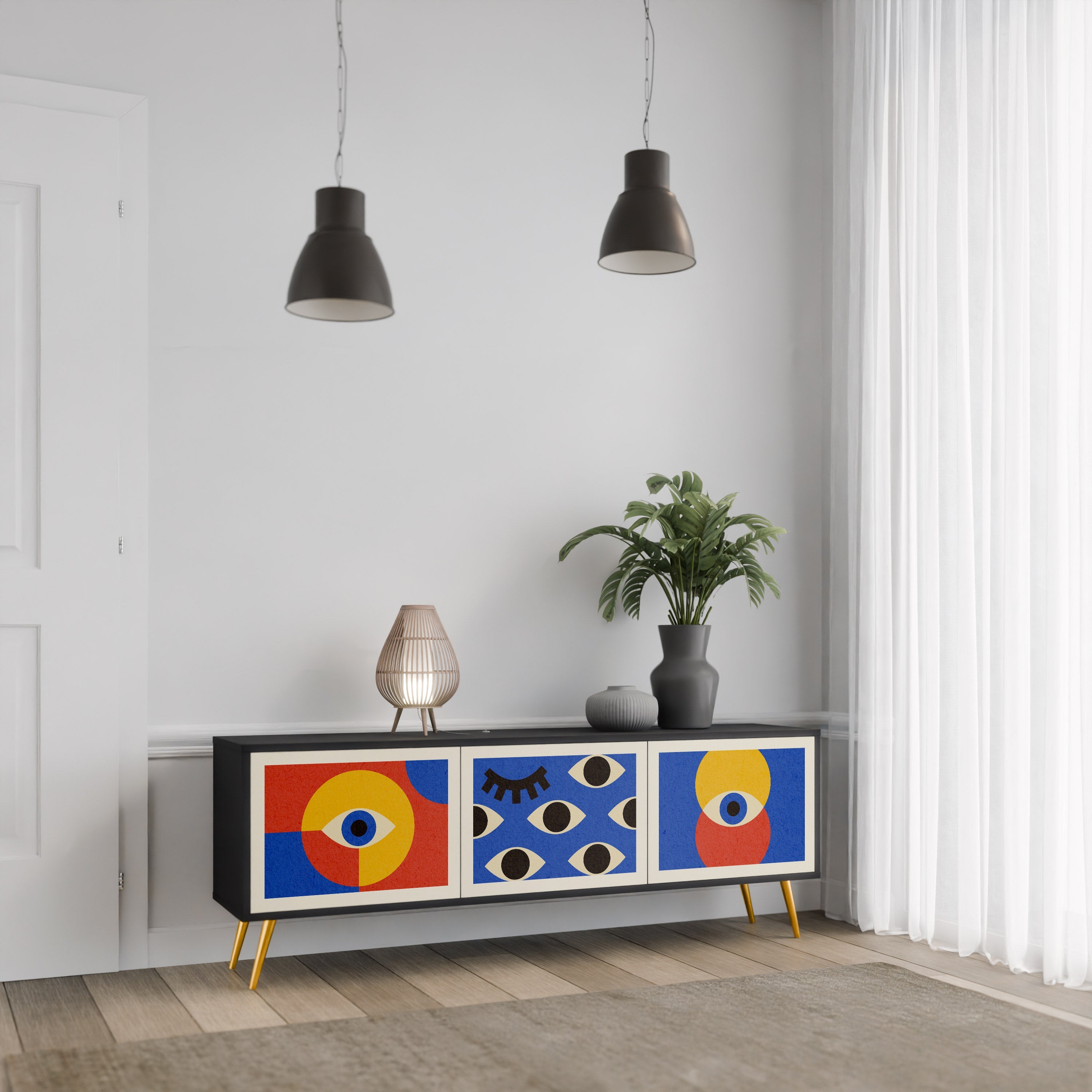 Βάση τηλεόρασης GEOMETRIC EYES με 3 πόρτες σε μαύρο φινίρισμα
