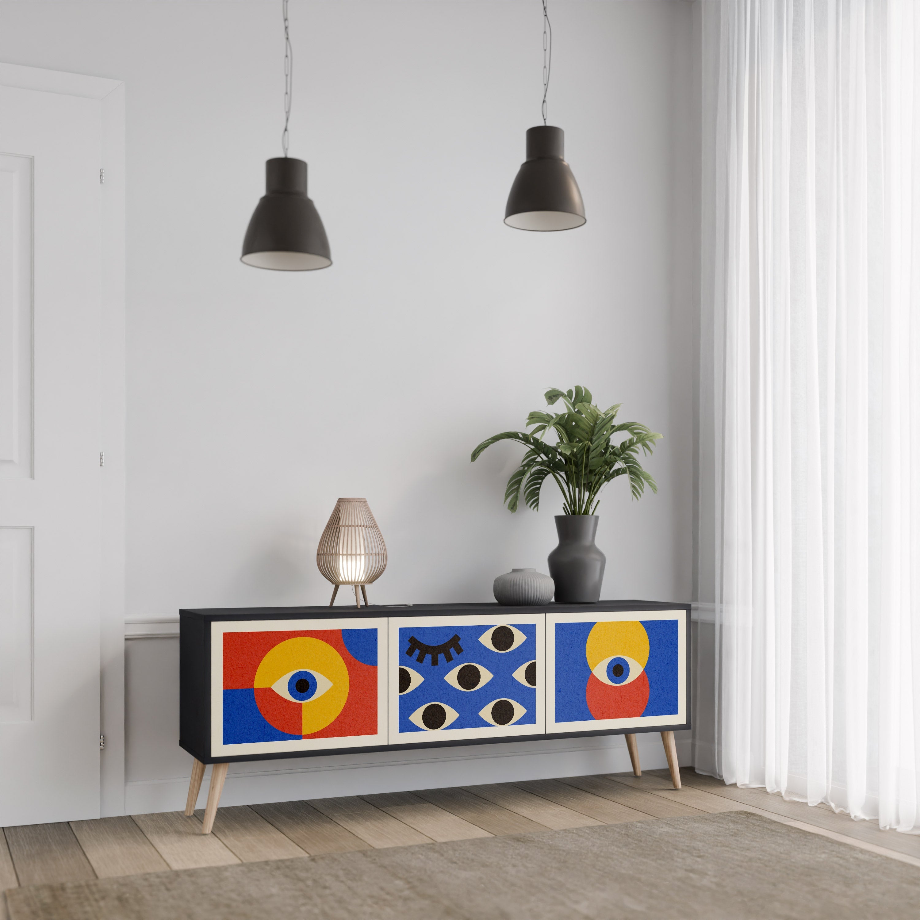 Βάση τηλεόρασης GEOMETRIC EYES με 3 πόρτες σε μαύρο φινίρισμα