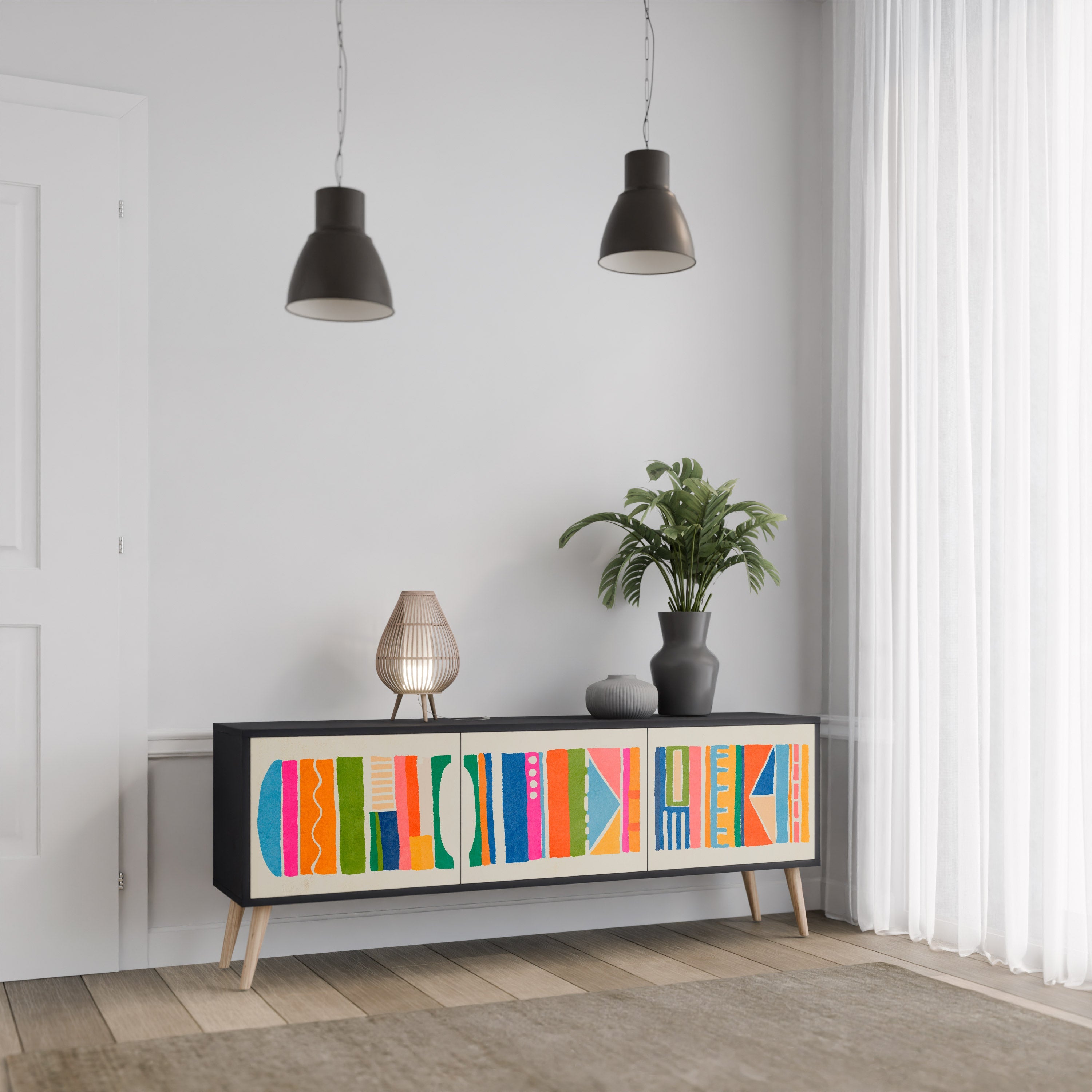 Βάση τηλεόρασης GEOMETRIC SHINE 3 πορτών σε μαύρο φινίρισμα