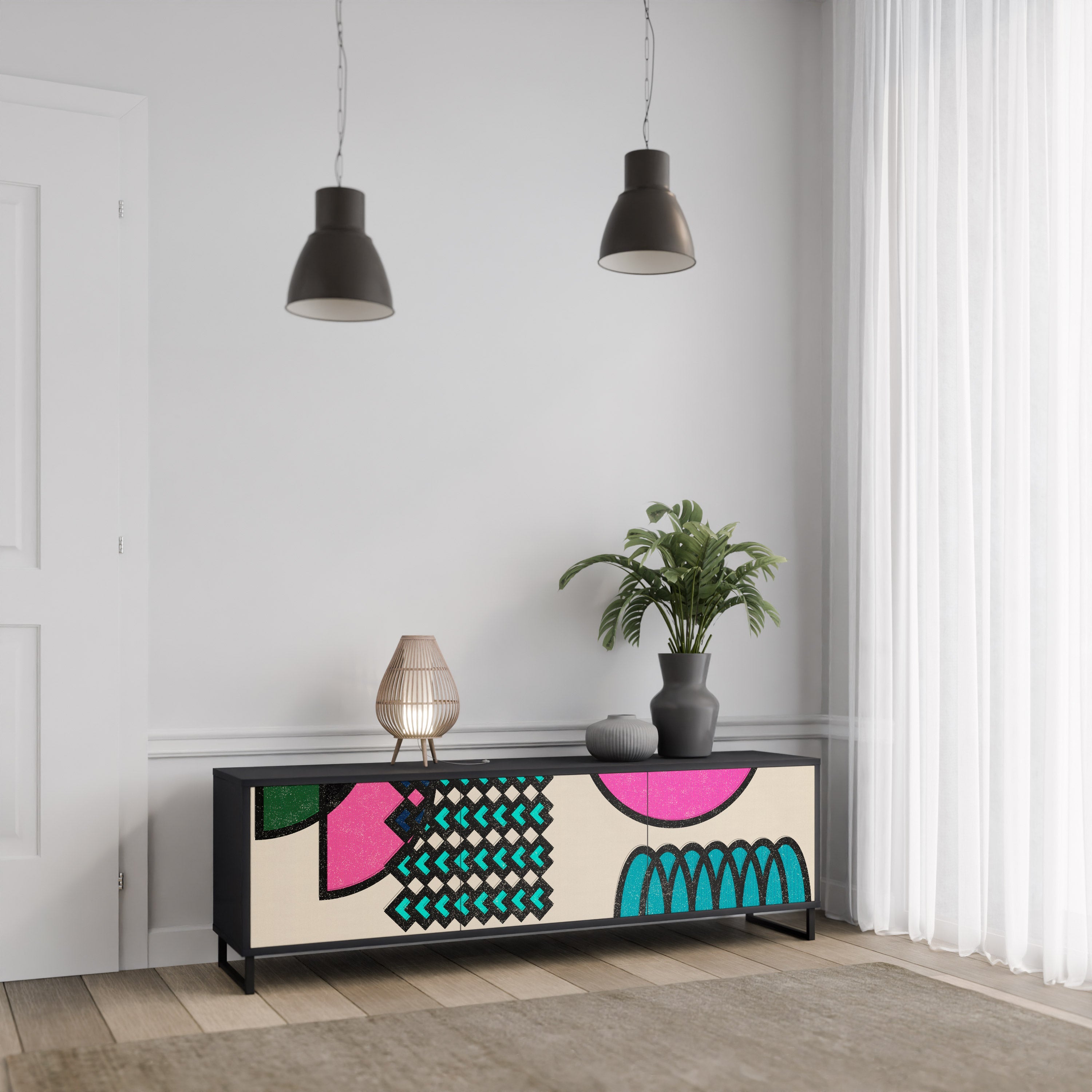 Βάση τηλεόρασης GEOMETRIC RHAPSODY με 3 πόρτες σε μαύρο φινίρισμα