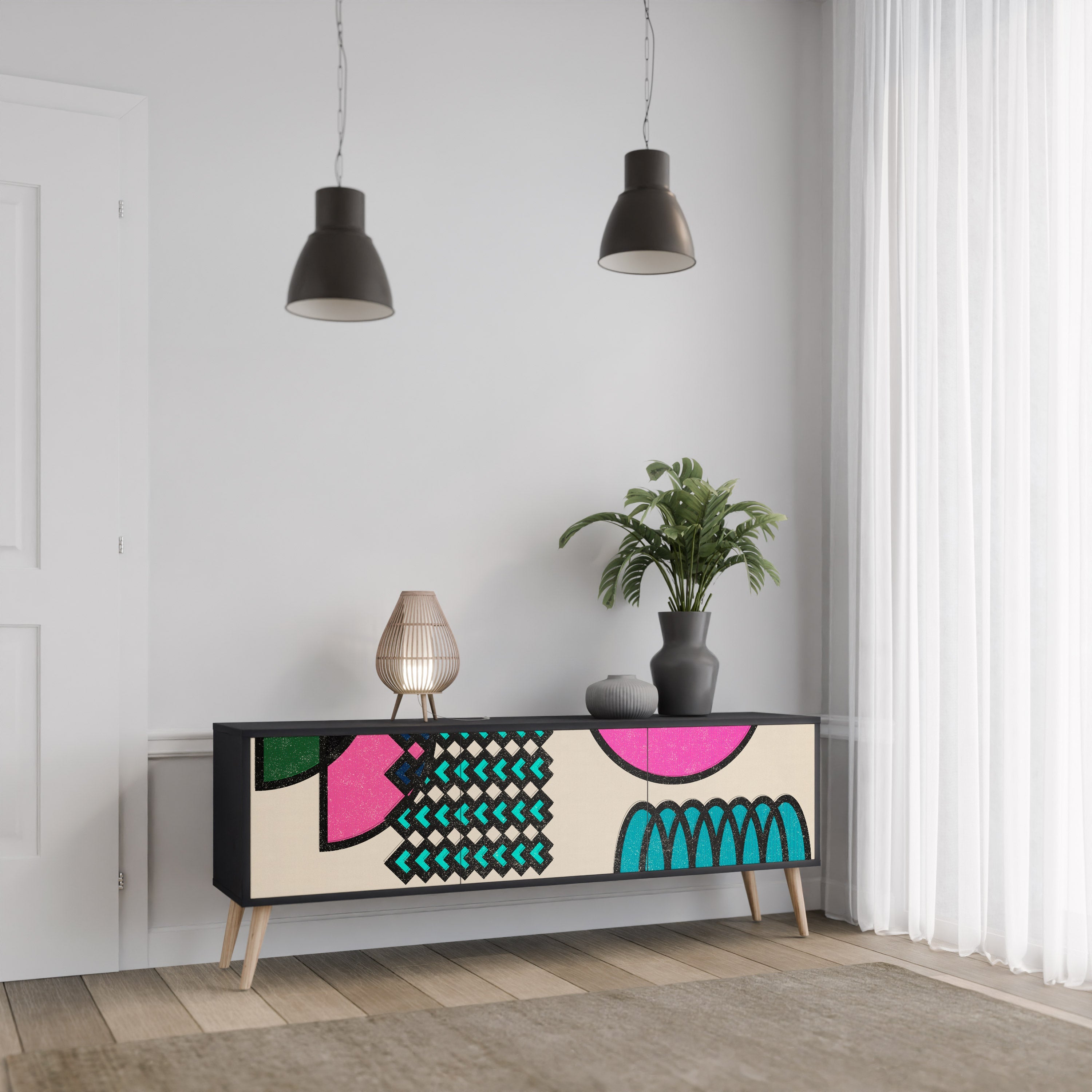 Βάση τηλεόρασης GEOMETRIC RHAPSODY με 3 πόρτες σε μαύρο φινίρισμα