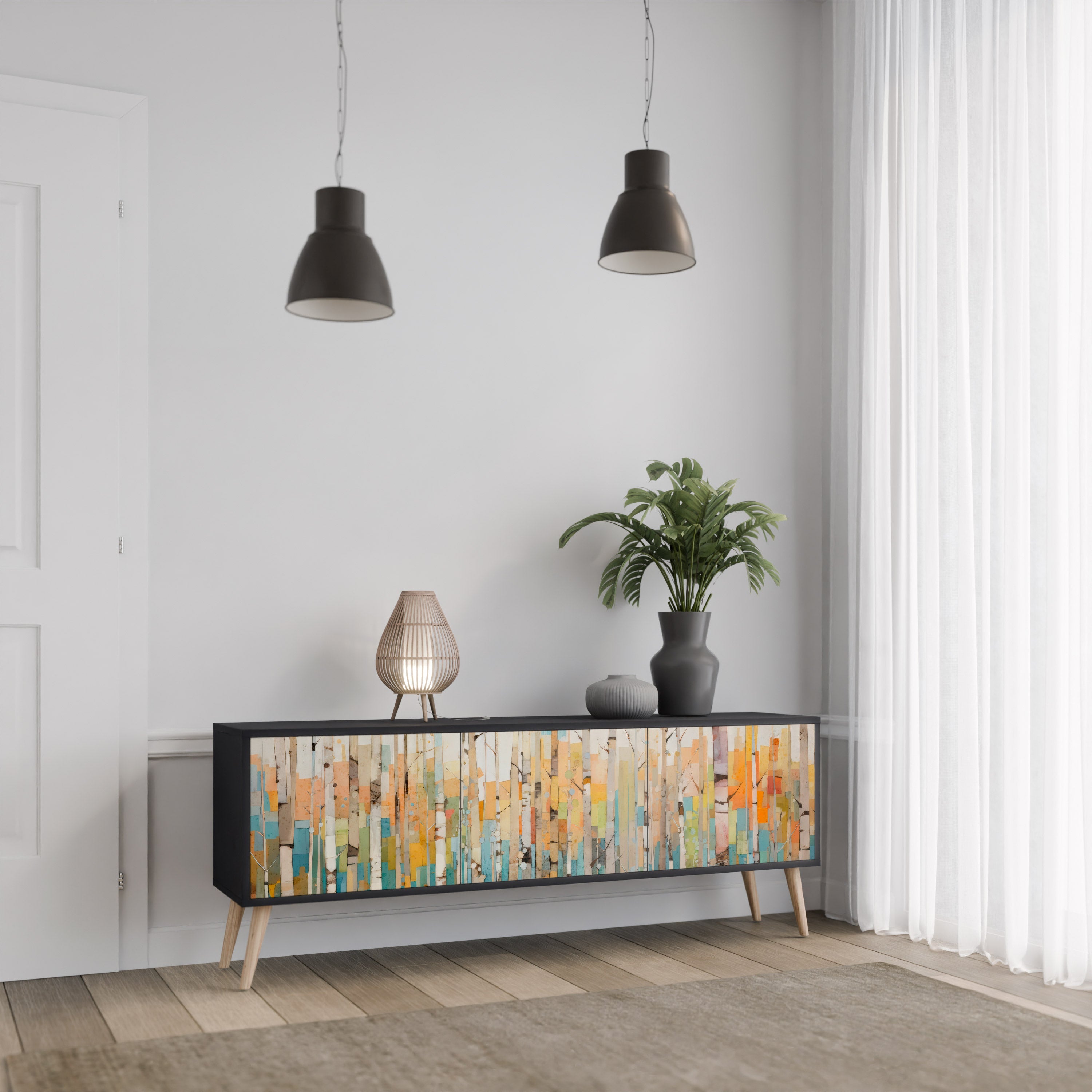 Βάση τηλεόρασης BIRCH KALEIDOSCOPE με 3 πόρτες σε μαύρο φινίρισμα