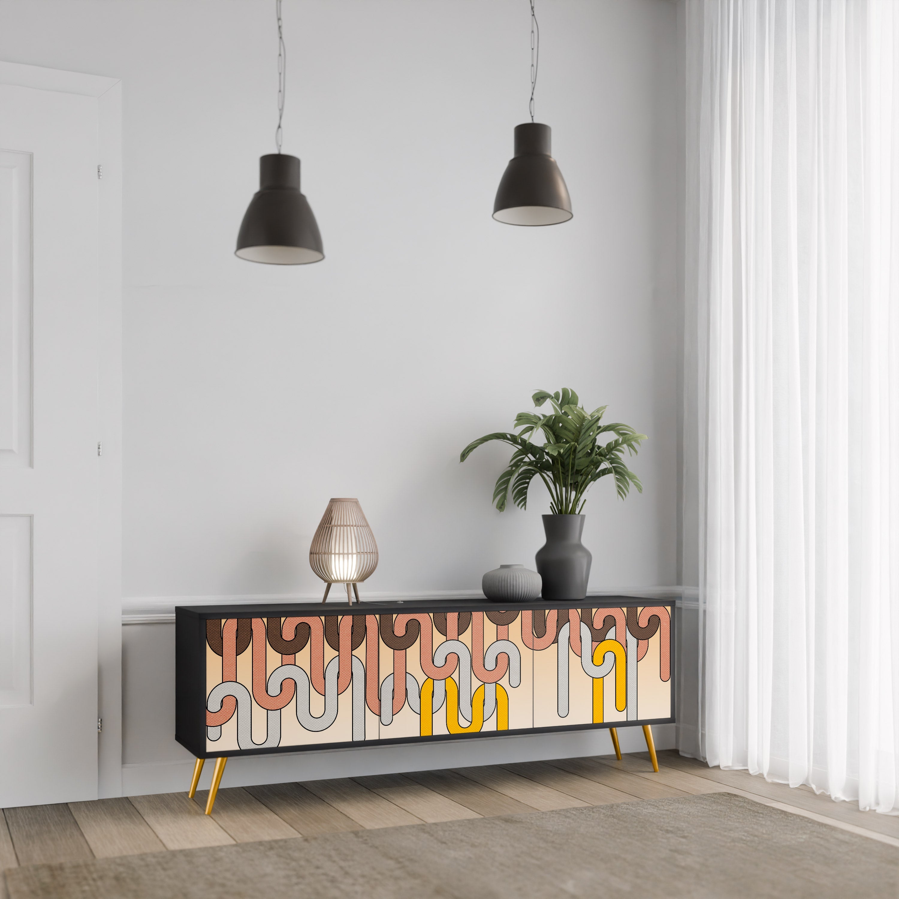 Βάση τηλεόρασης COLORFUL STRINGS με 3 πόρτες σε μαύρο φινίρισμα