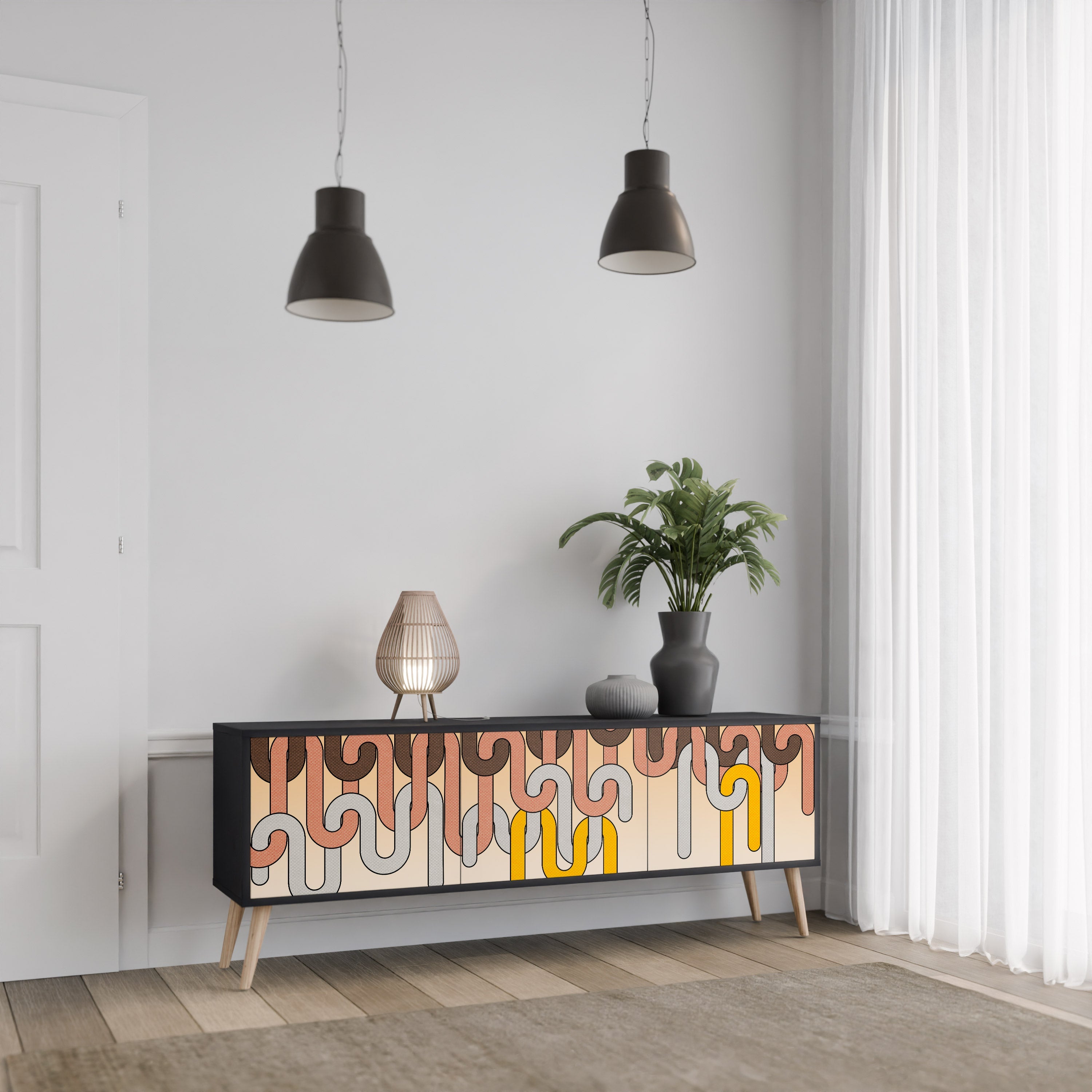 Βάση τηλεόρασης COLORFUL STRINGS με 3 πόρτες σε μαύρο φινίρισμα