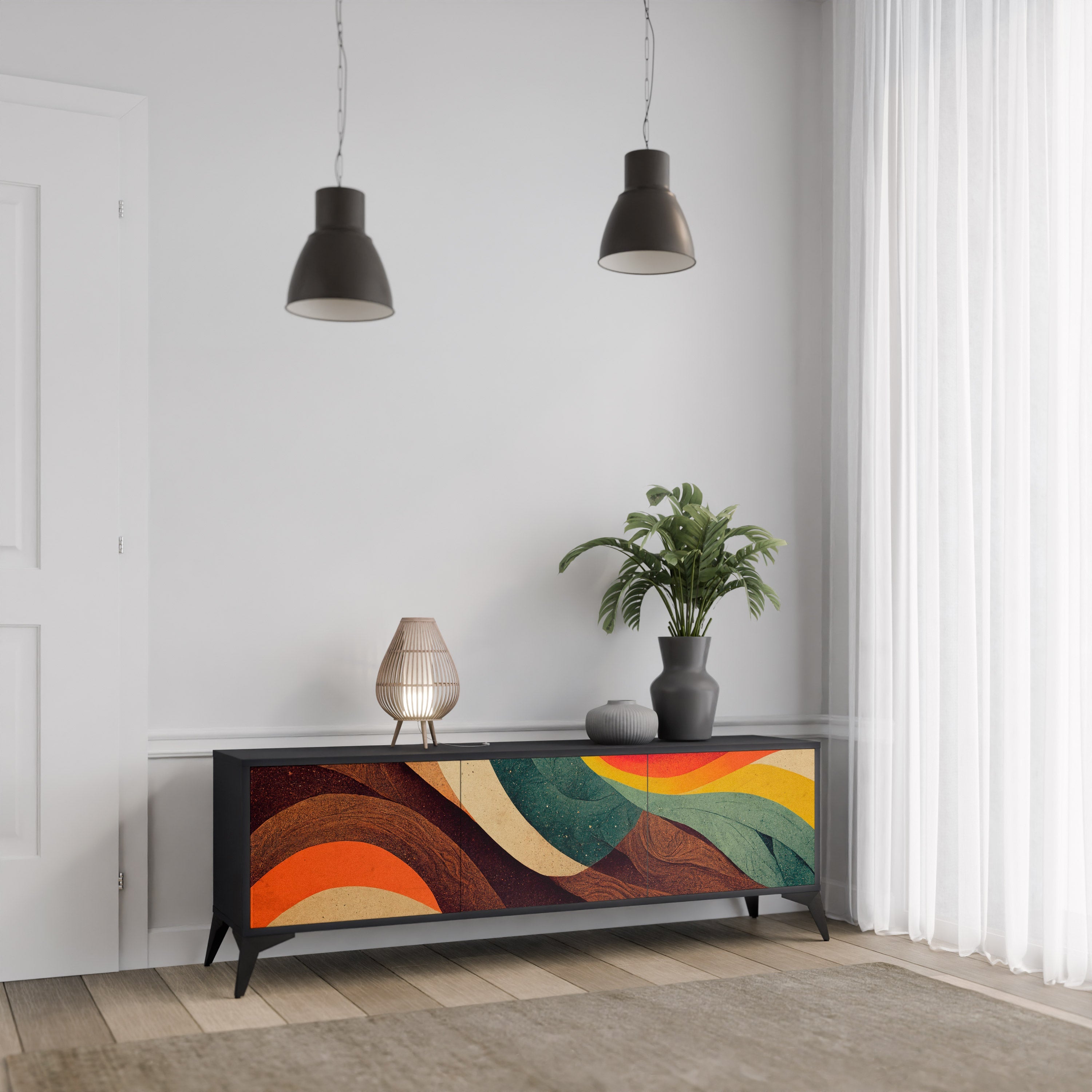 Βάση τηλεόρασης COLORFUL STRANDS με 3 πόρτες σε μαύρο φινίρισμα