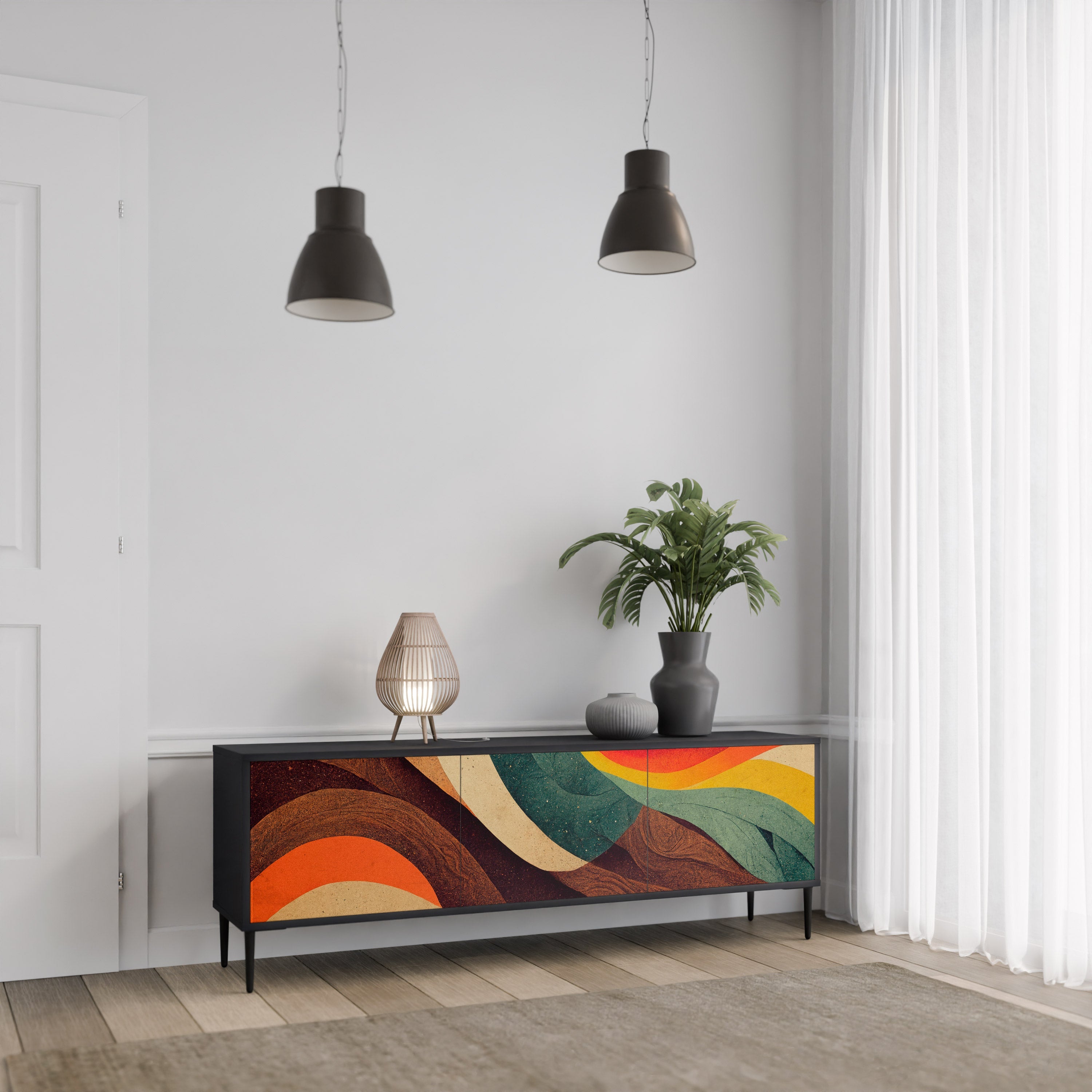 Βάση τηλεόρασης COLORFUL STRANDS με 3 πόρτες σε μαύρο φινίρισμα
