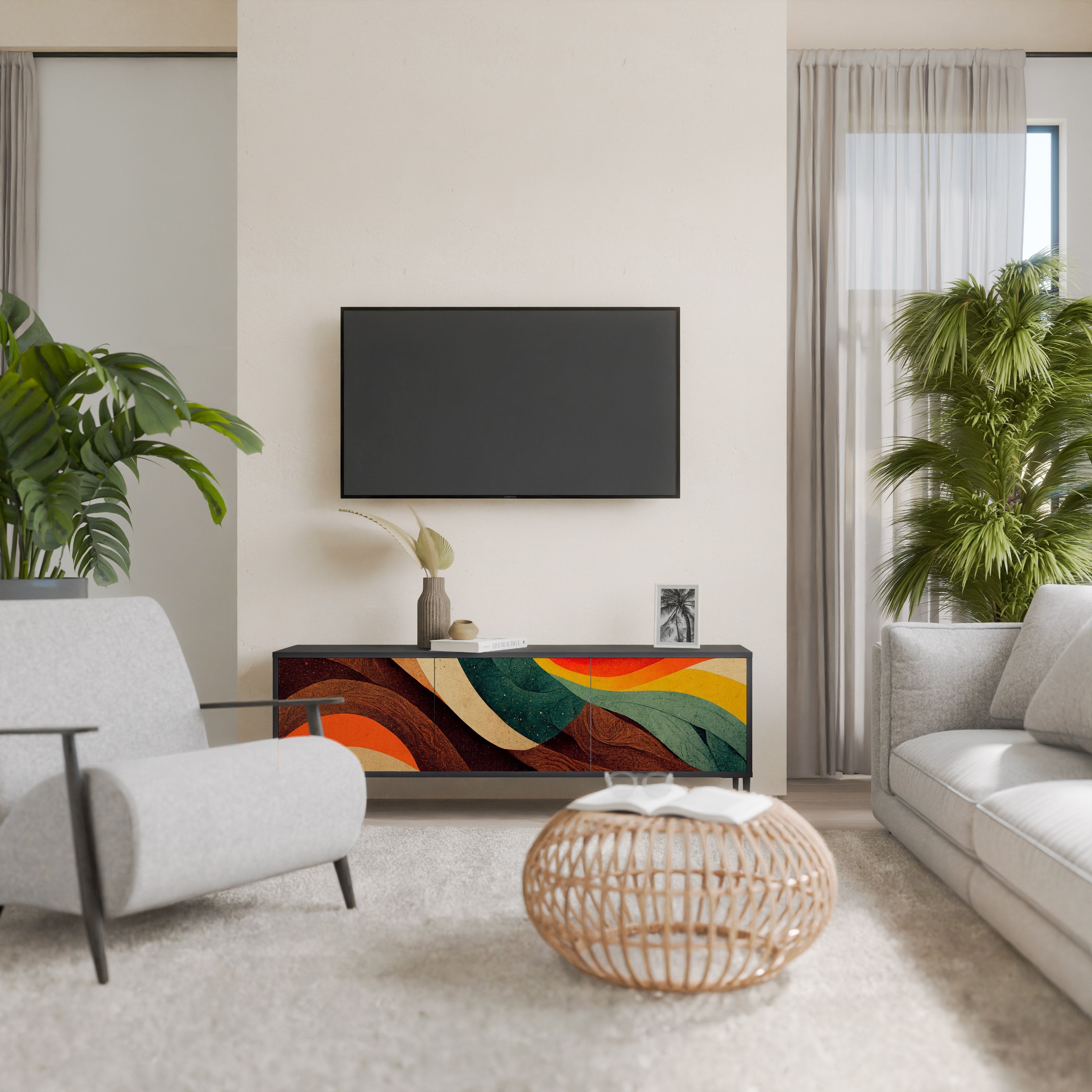 Βάση τηλεόρασης COLORFUL STRANDS με 3 πόρτες σε μαύρο φινίρισμα