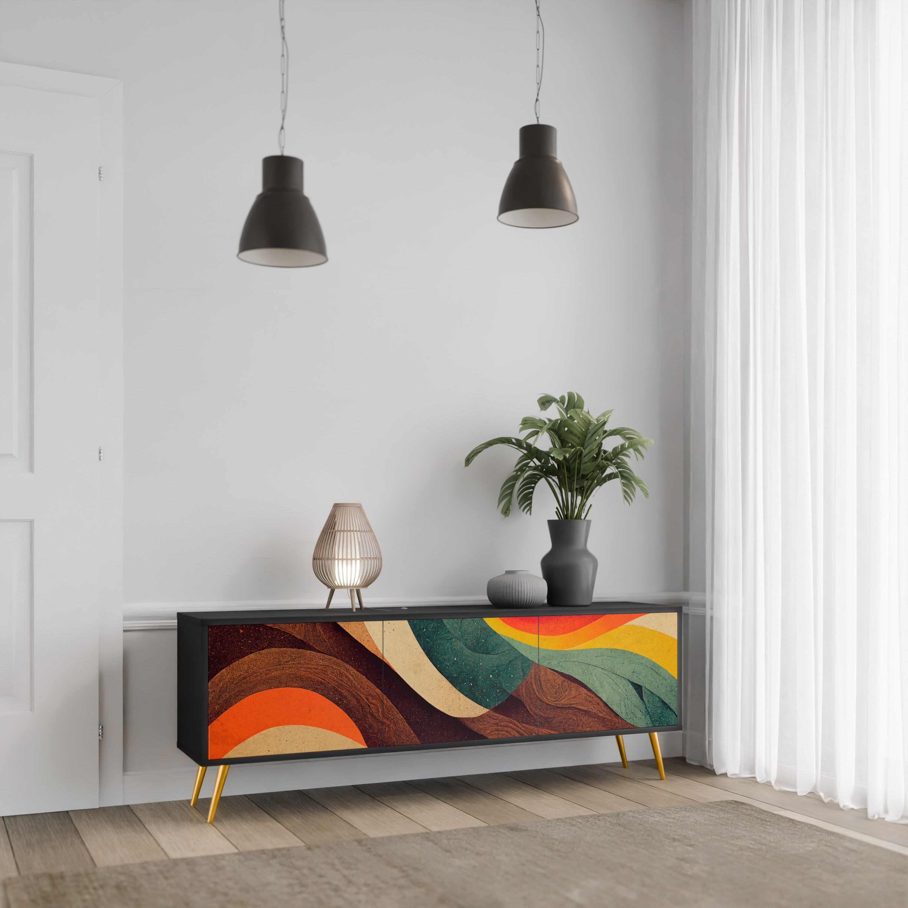 Βάση τηλεόρασης COLORFUL STRANDS με 3 πόρτες σε μαύρο φινίρισμα