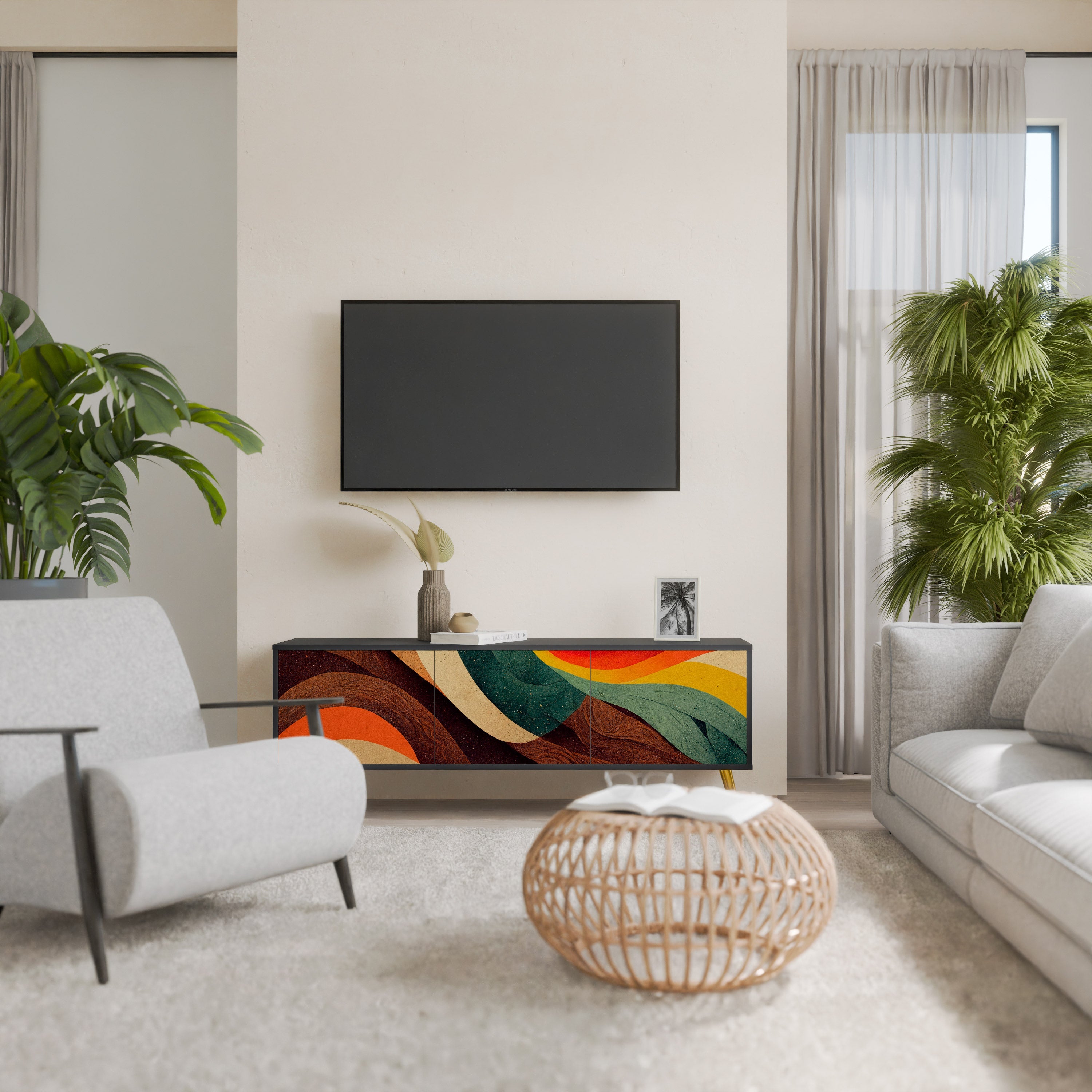Βάση τηλεόρασης COLORFUL STRANDS με 3 πόρτες σε μαύρο φινίρισμα
