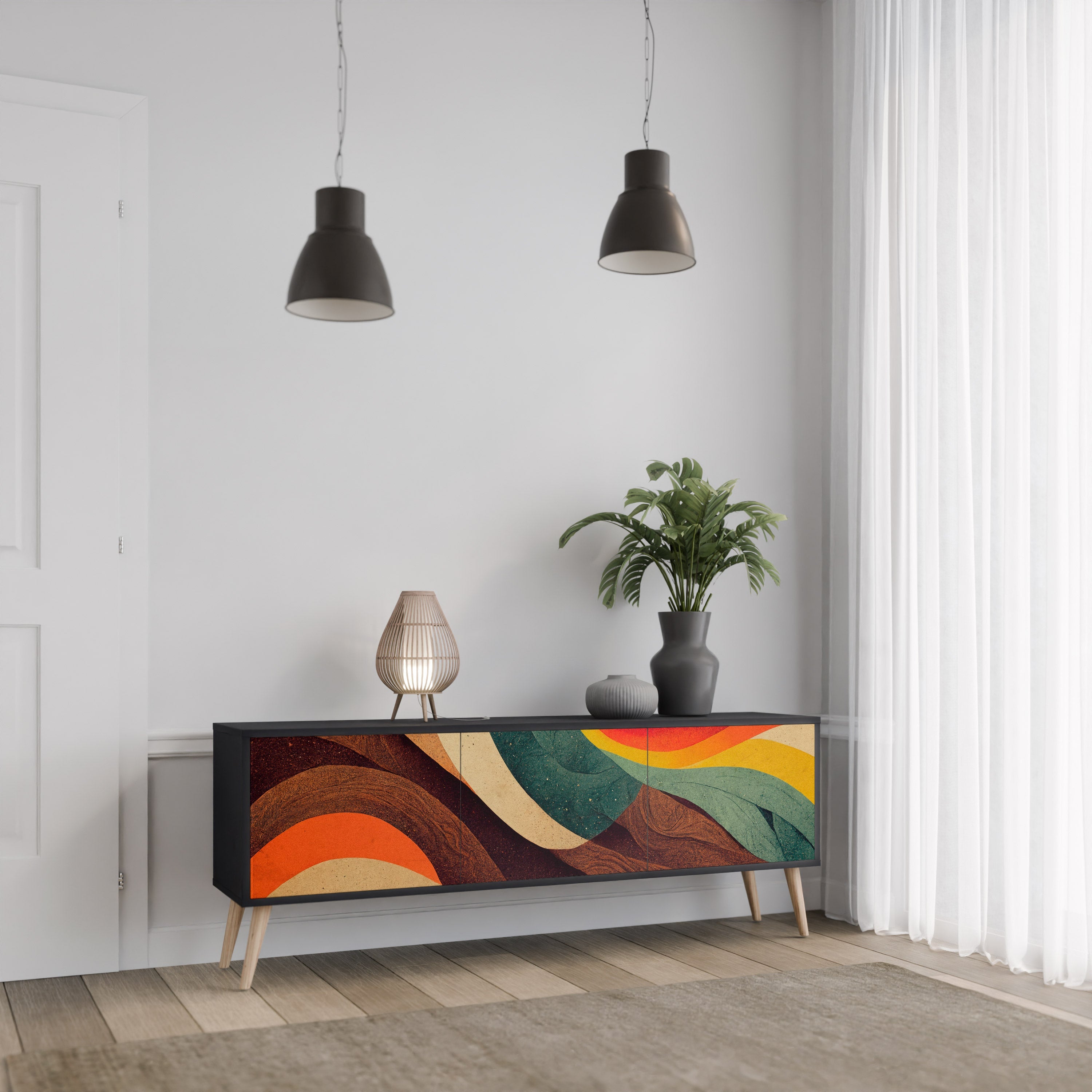 Βάση τηλεόρασης COLORFUL STRANDS με 3 πόρτες σε μαύρο φινίρισμα