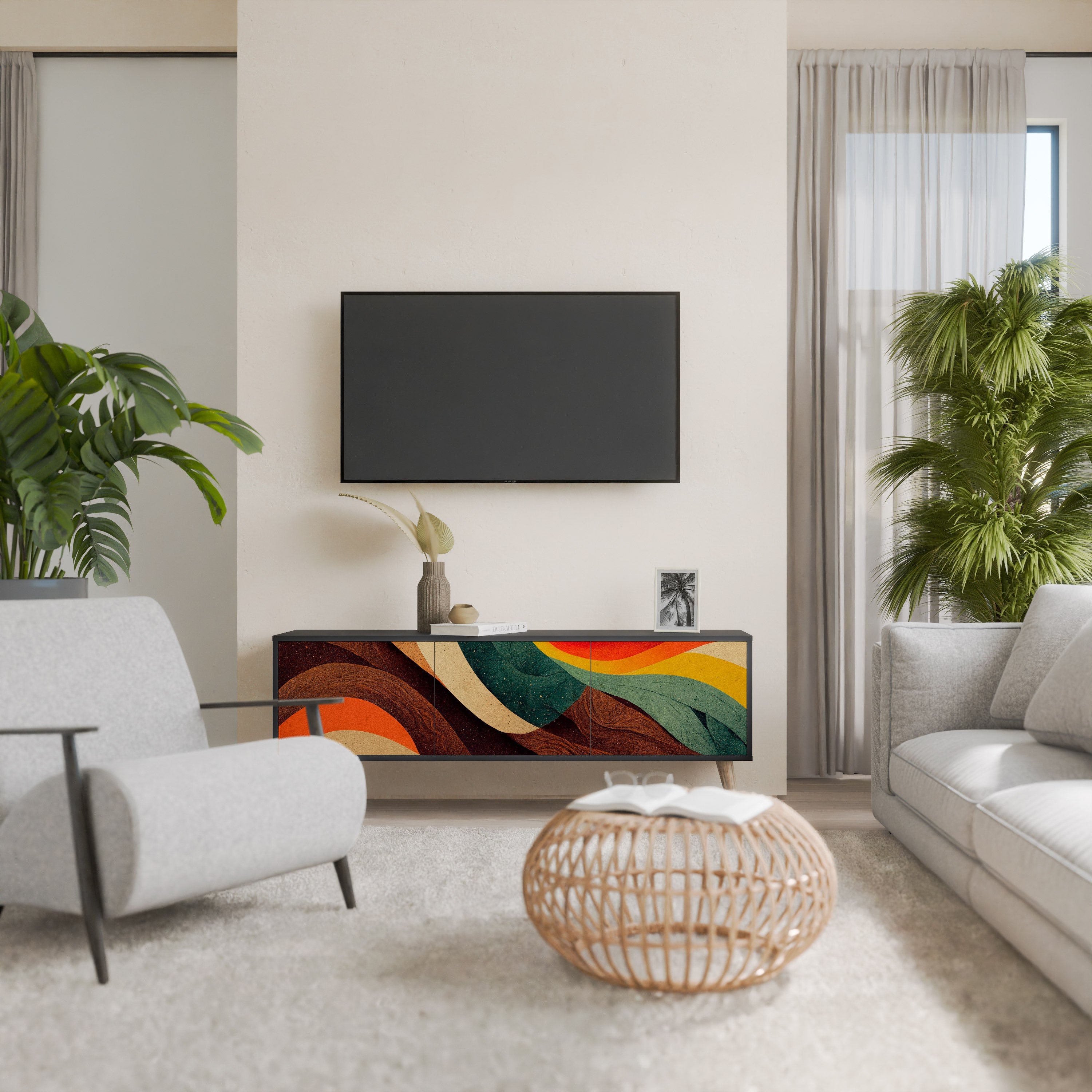 Βάση τηλεόρασης COLORFUL STRANDS με 3 πόρτες σε μαύρο φινίρισμα