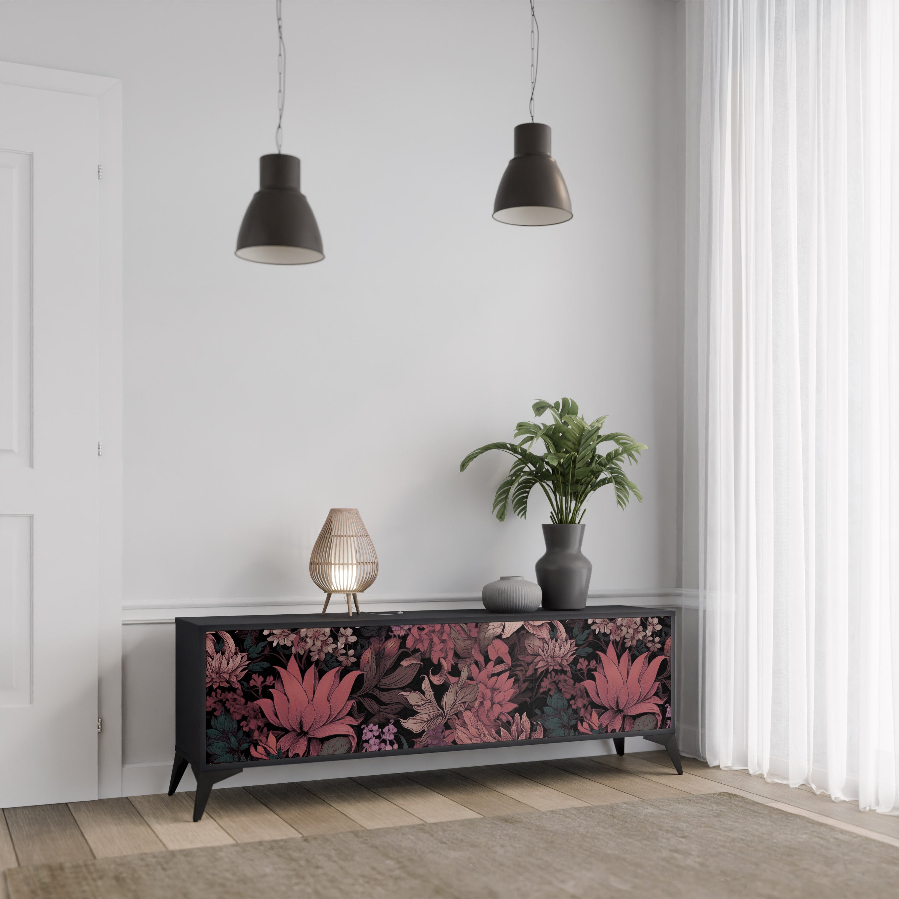 Βάση τηλεόρασης FLORAL WHISPER 3 πορτών σε μαύρο φινίρισμα