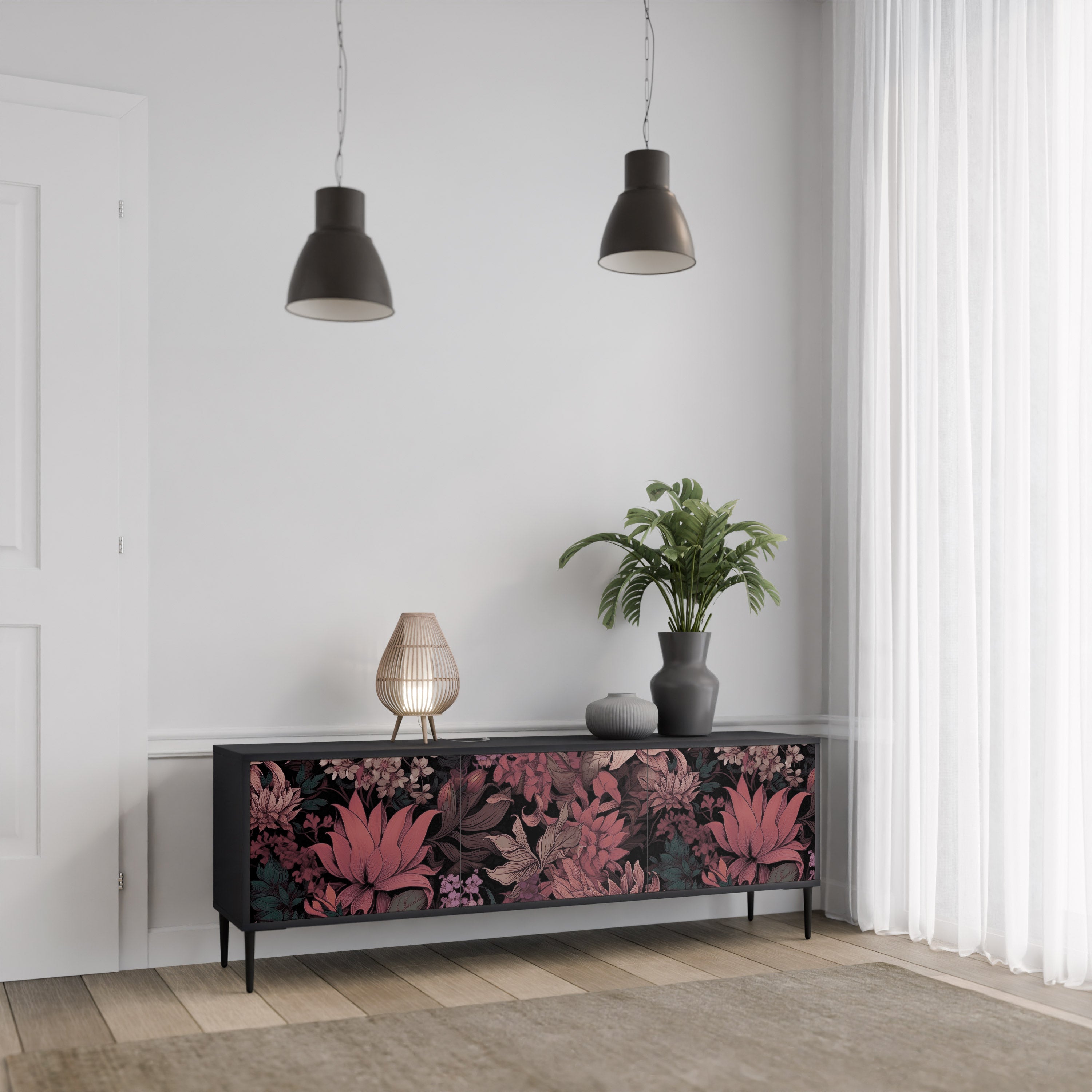 Βάση τηλεόρασης FLORAL WHISPER 3 πορτών σε μαύρο φινίρισμα