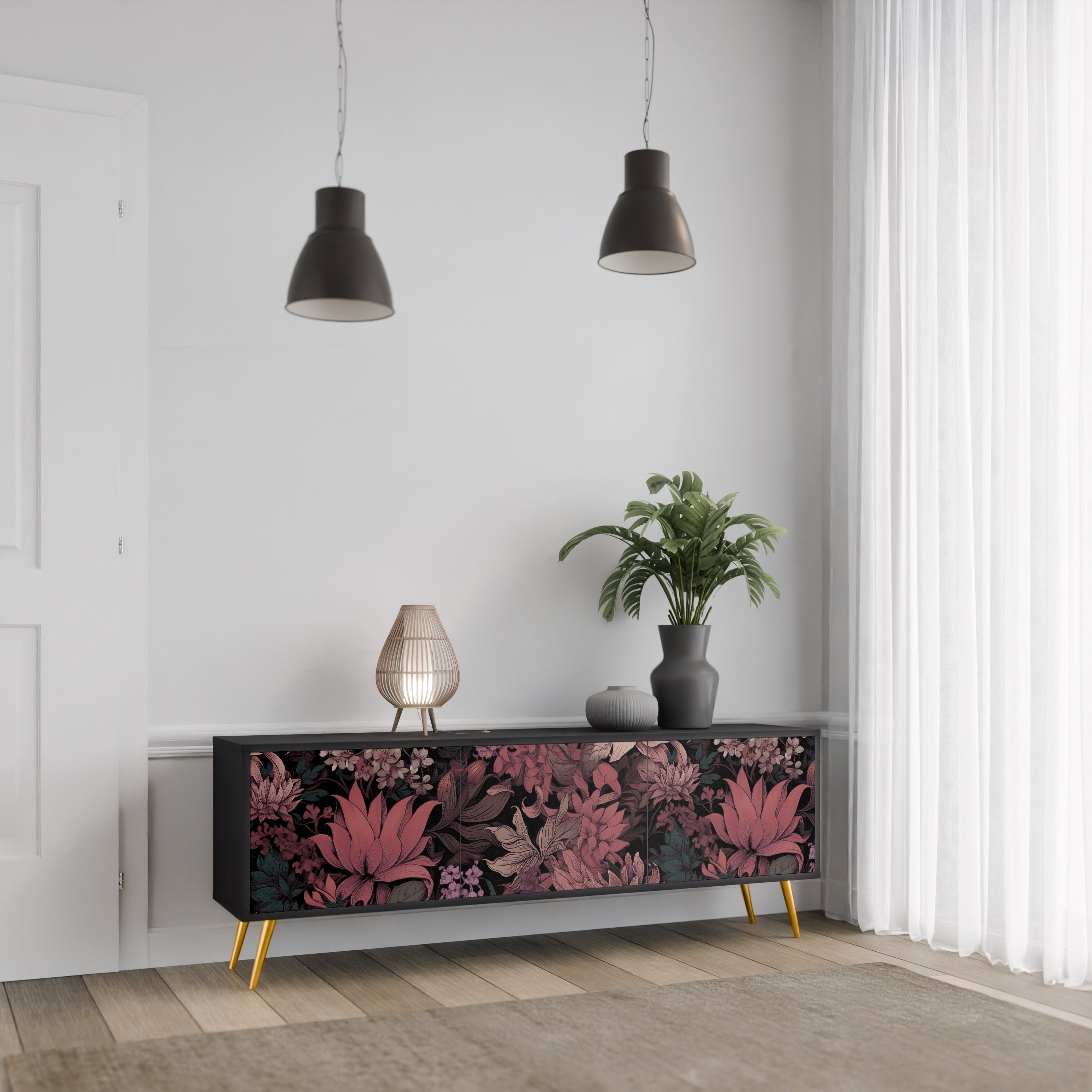 Βάση τηλεόρασης FLORAL WHISPER 3 πορτών σε μαύρο φινίρισμα