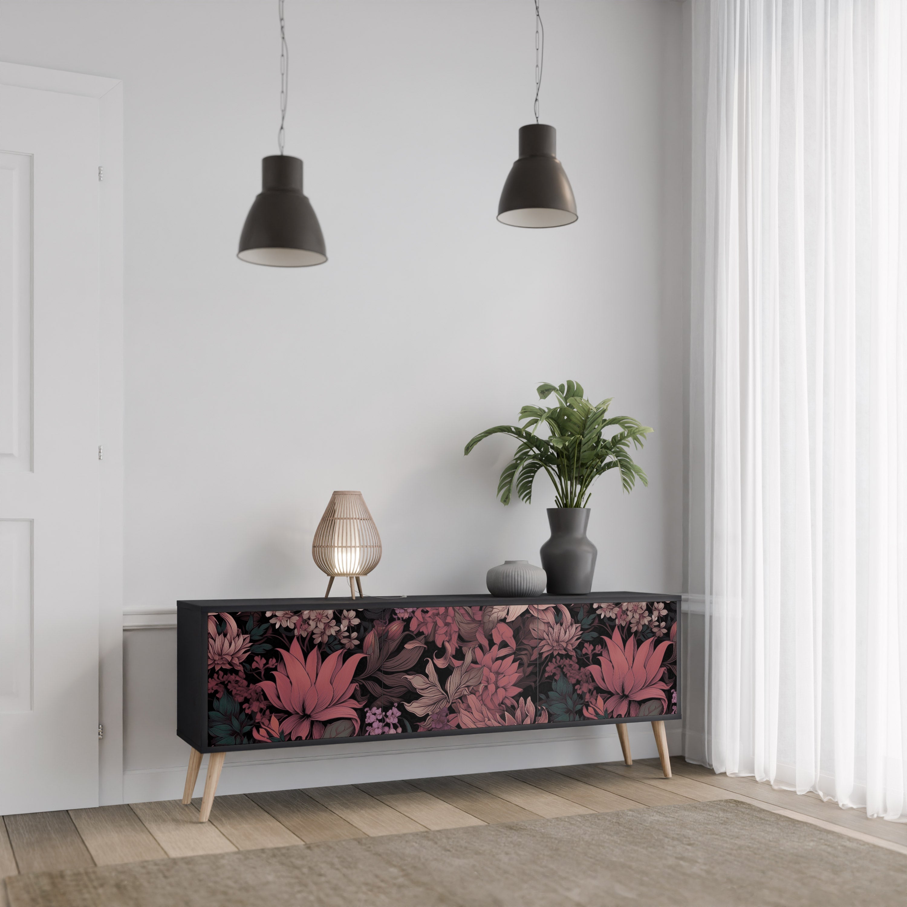 Βάση τηλεόρασης FLORAL WHISPER 3 πορτών σε μαύρο φινίρισμα