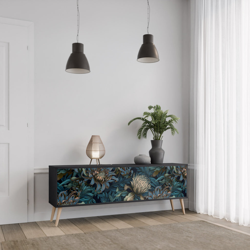 Βάση τηλεόρασης TWILIGHT BLOOM με 3 πόρτες σε μαύρο φινίρισμα