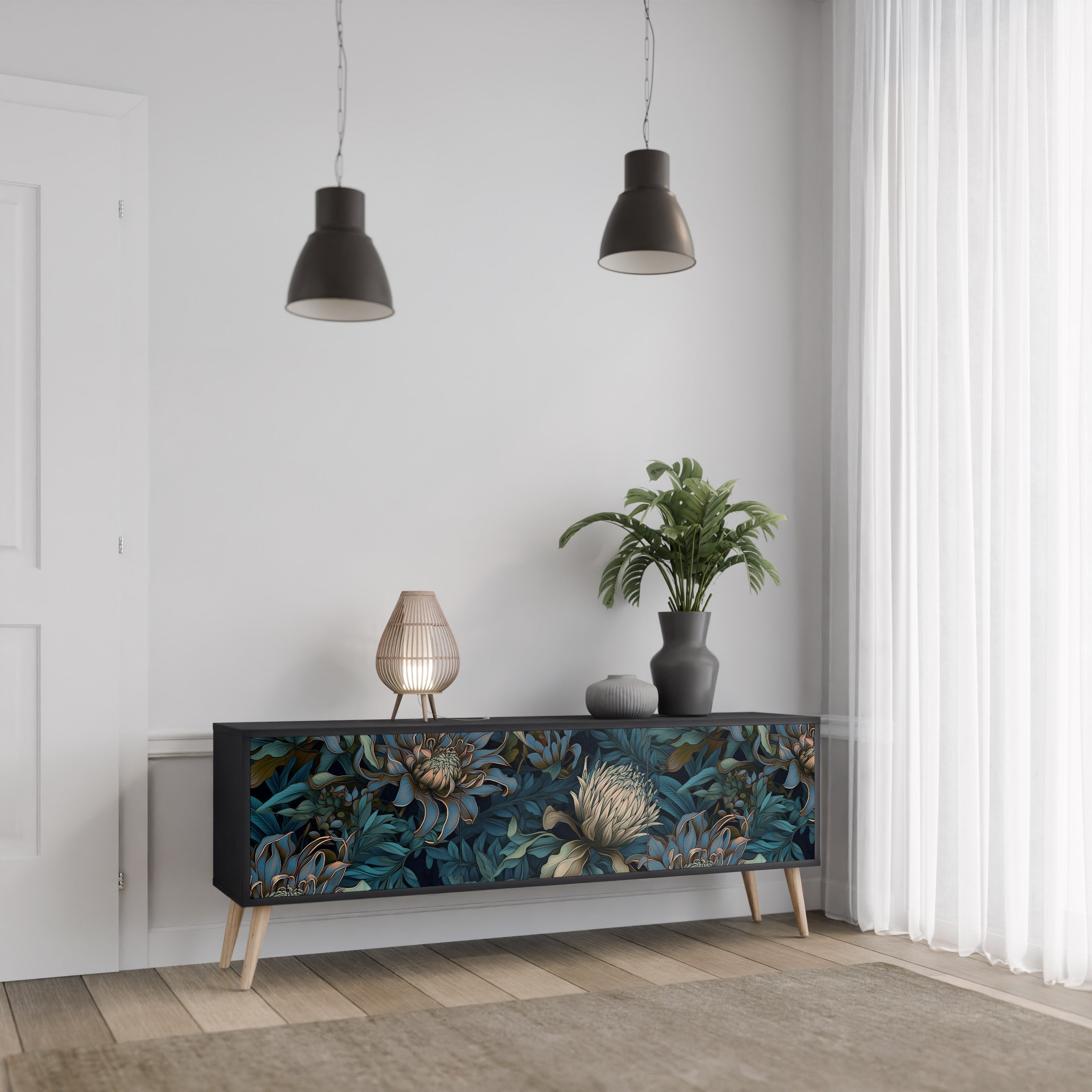Βάση τηλεόρασης TWILIGHT BLOOM με 3 πόρτες σε μαύρο φινίρισμα