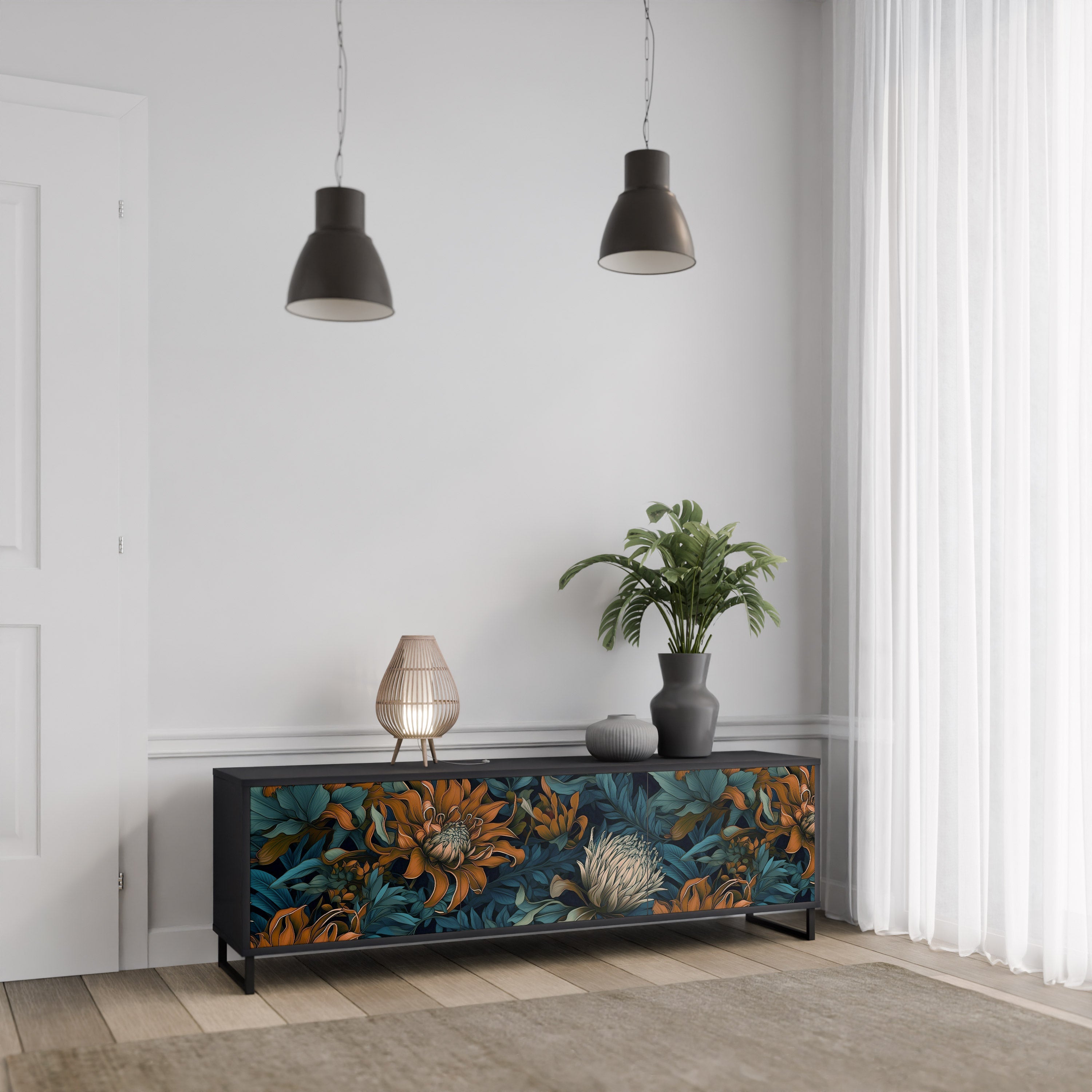 Βάση τηλεόρασης MORNING BLOOM με 3 πόρτες σε μαύρο φινίρισμα