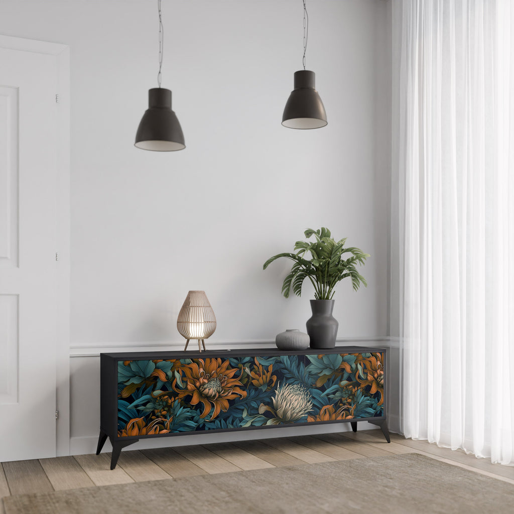 Βάση τηλεόρασης MORNING BLOOM με 3 πόρτες σε μαύρο φινίρισμα