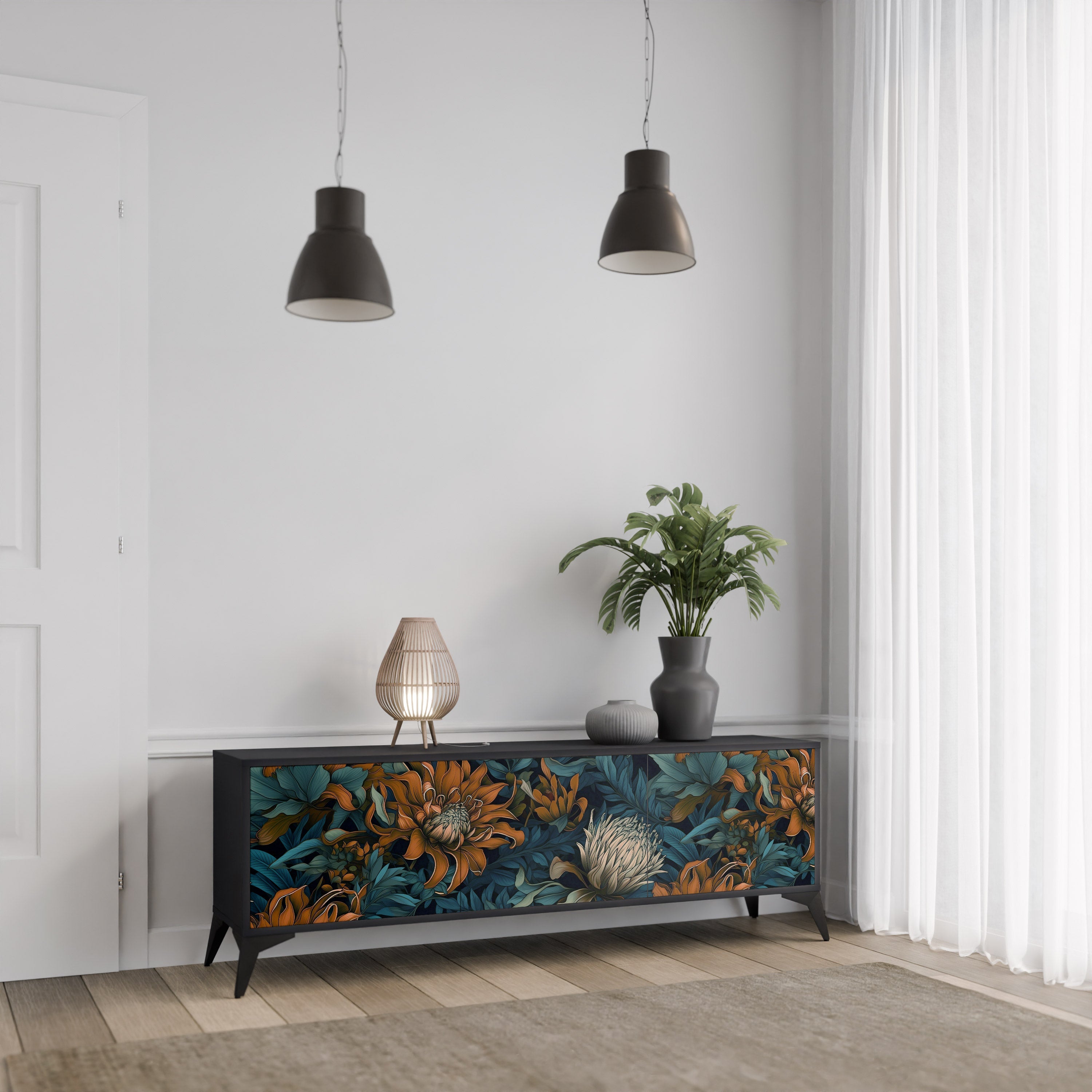 Βάση τηλεόρασης MORNING BLOOM με 3 πόρτες σε μαύρο φινίρισμα