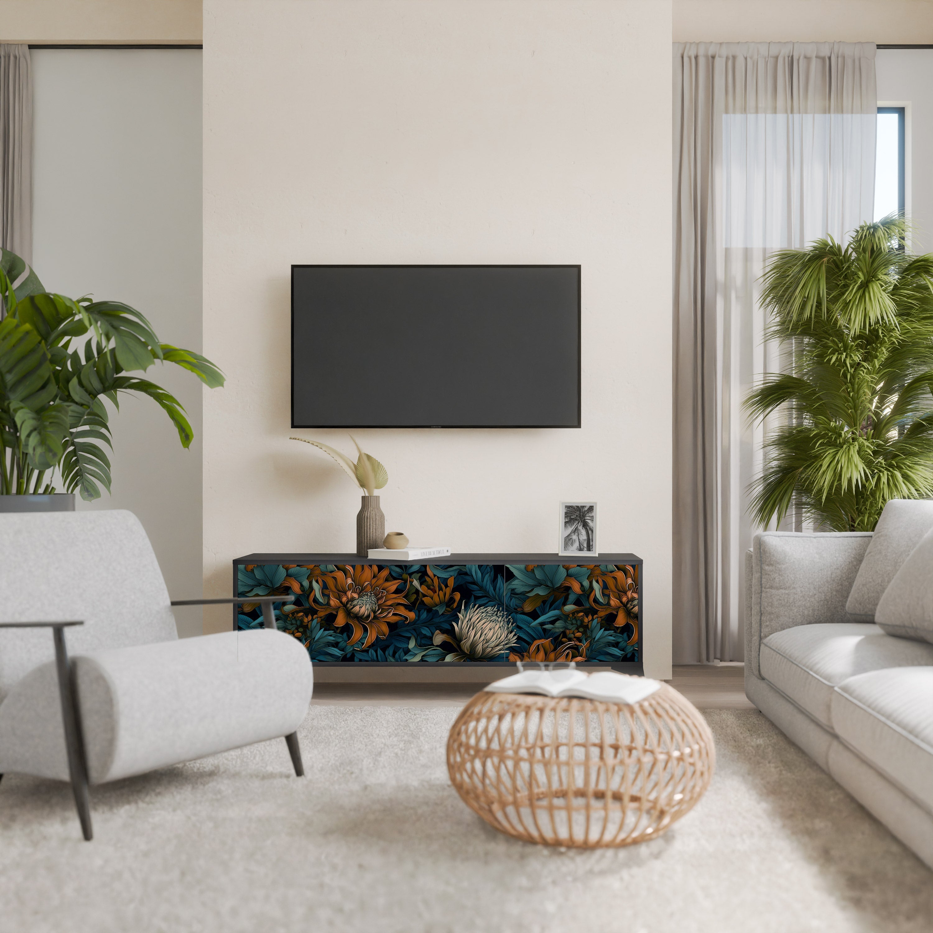 Βάση τηλεόρασης MORNING BLOOM με 3 πόρτες σε μαύρο φινίρισμα