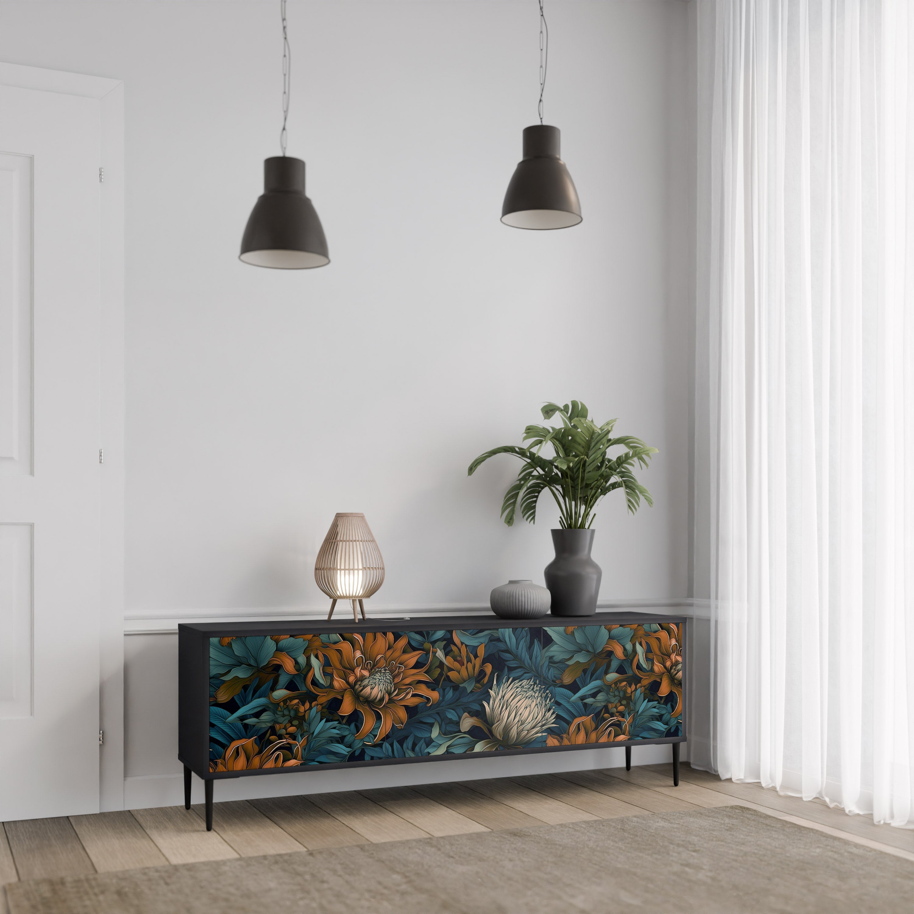 Βάση τηλεόρασης MORNING BLOOM με 3 πόρτες σε μαύρο φινίρισμα
