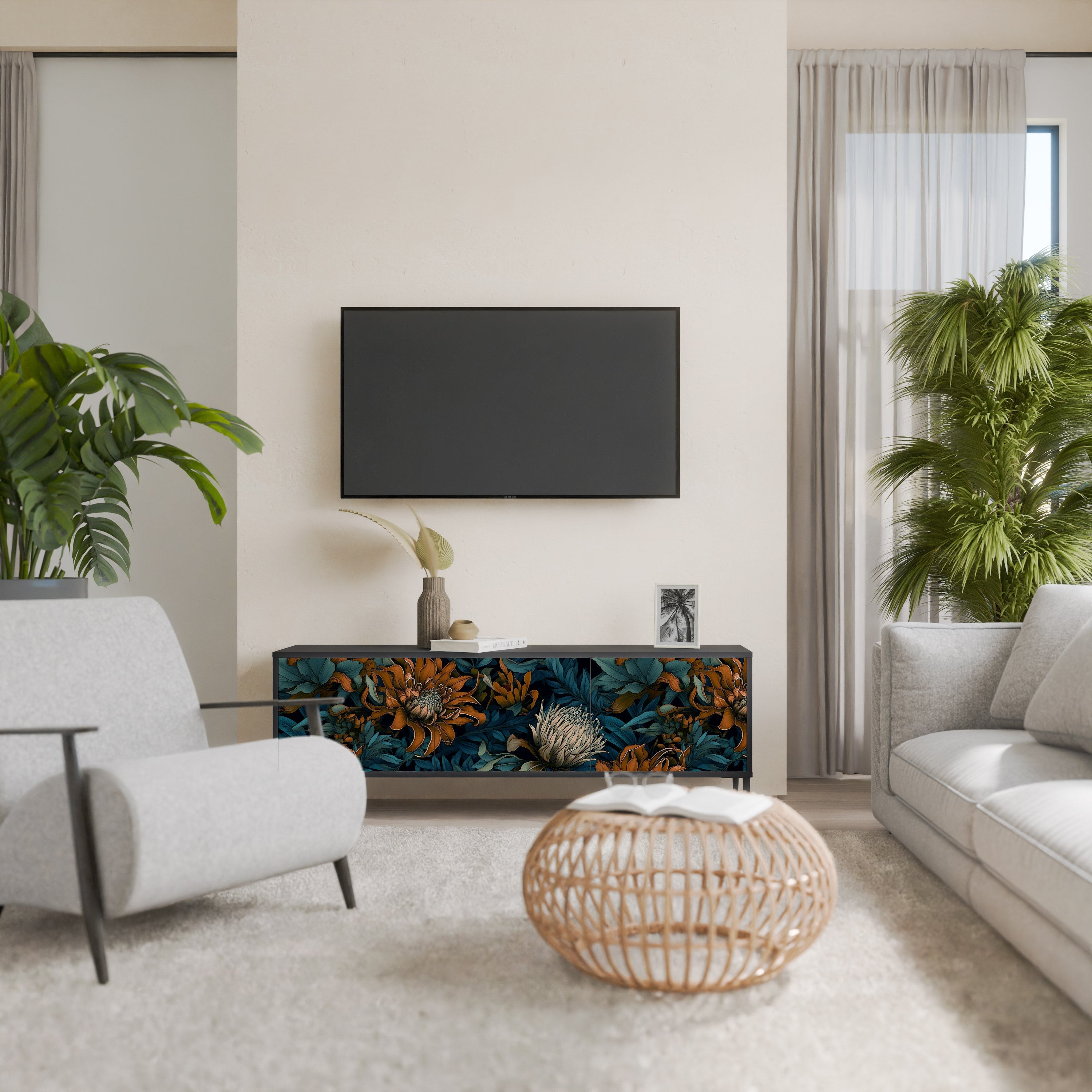 Βάση τηλεόρασης MORNING BLOOM με 3 πόρτες σε μαύρο φινίρισμα