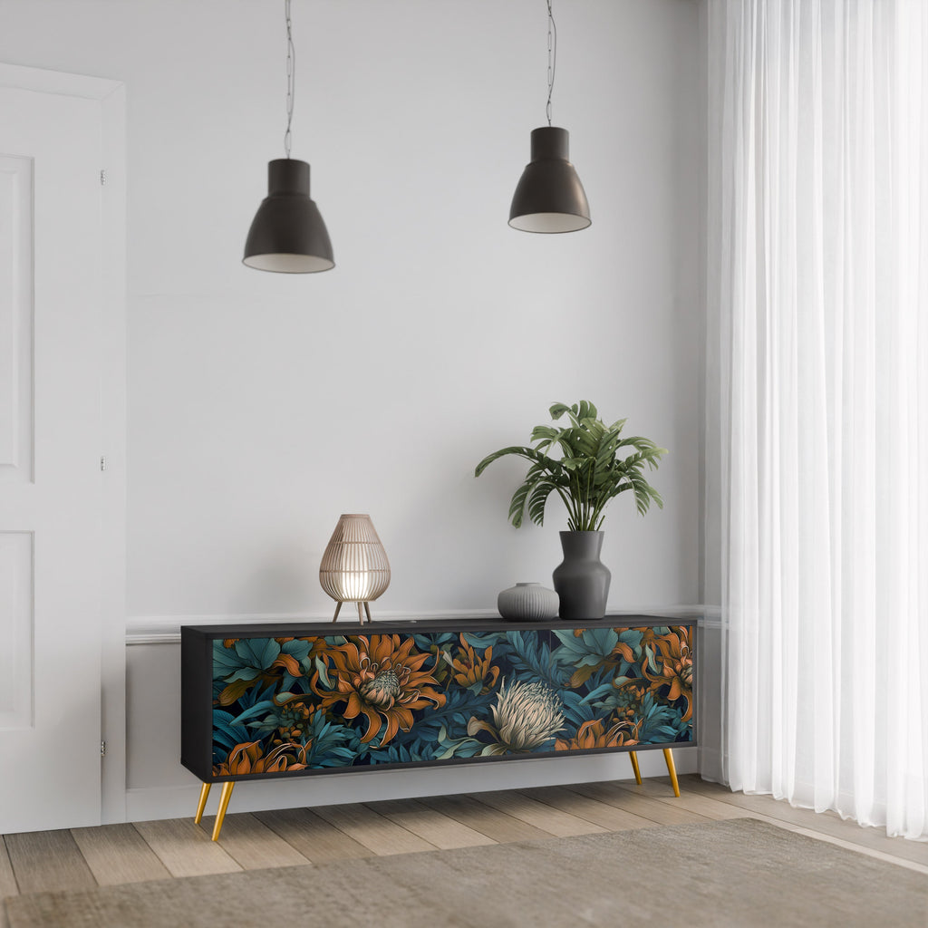 Βάση τηλεόρασης MORNING BLOOM με 3 πόρτες σε μαύρο φινίρισμα