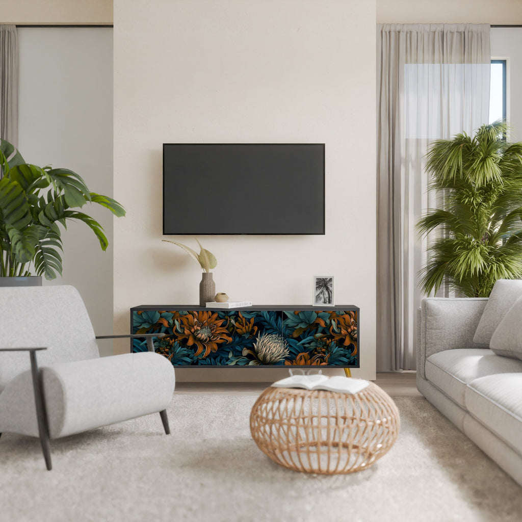 Βάση τηλεόρασης MORNING BLOOM με 3 πόρτες σε μαύρο φινίρισμα