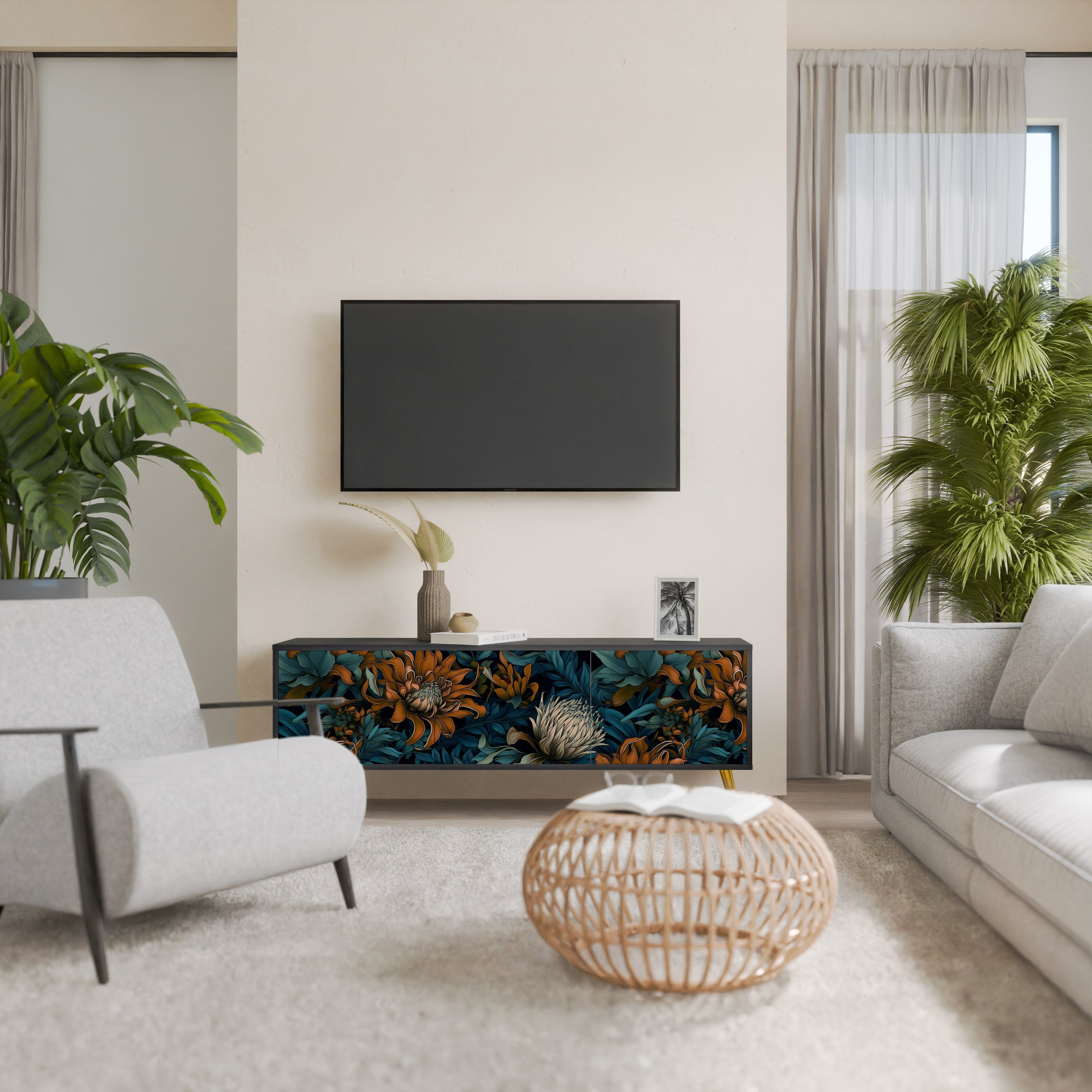 Βάση τηλεόρασης MORNING BLOOM με 3 πόρτες σε μαύρο φινίρισμα