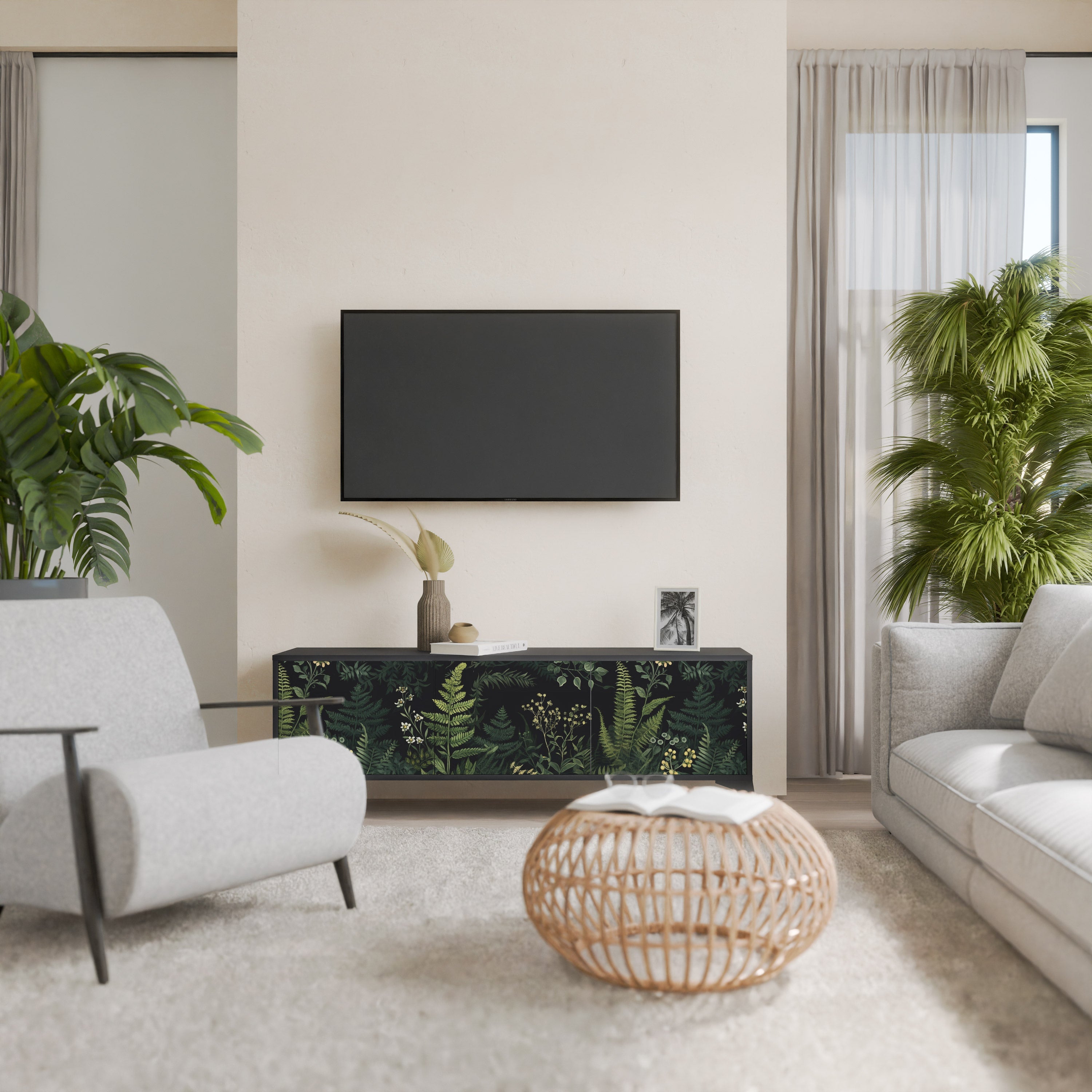 FERN FLOWERS Τρίθυρη βάση τηλεόρασης σε μαύρο φινίρισμα