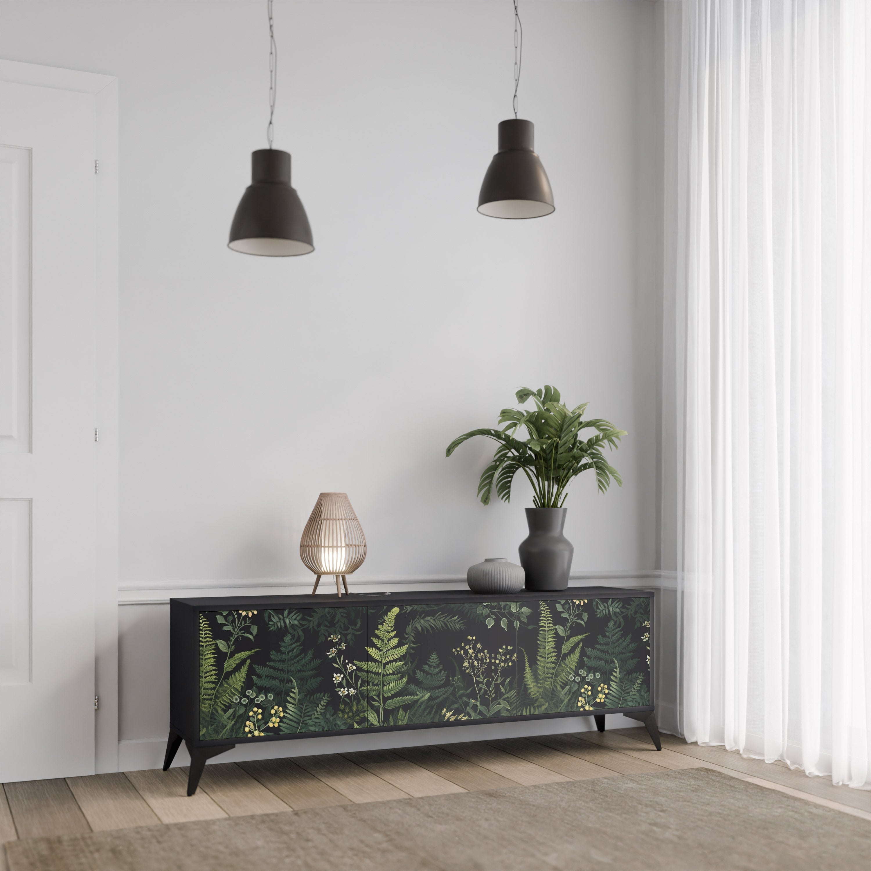 FERN FLOWERS Τρίθυρη βάση τηλεόρασης σε μαύρο φινίρισμα