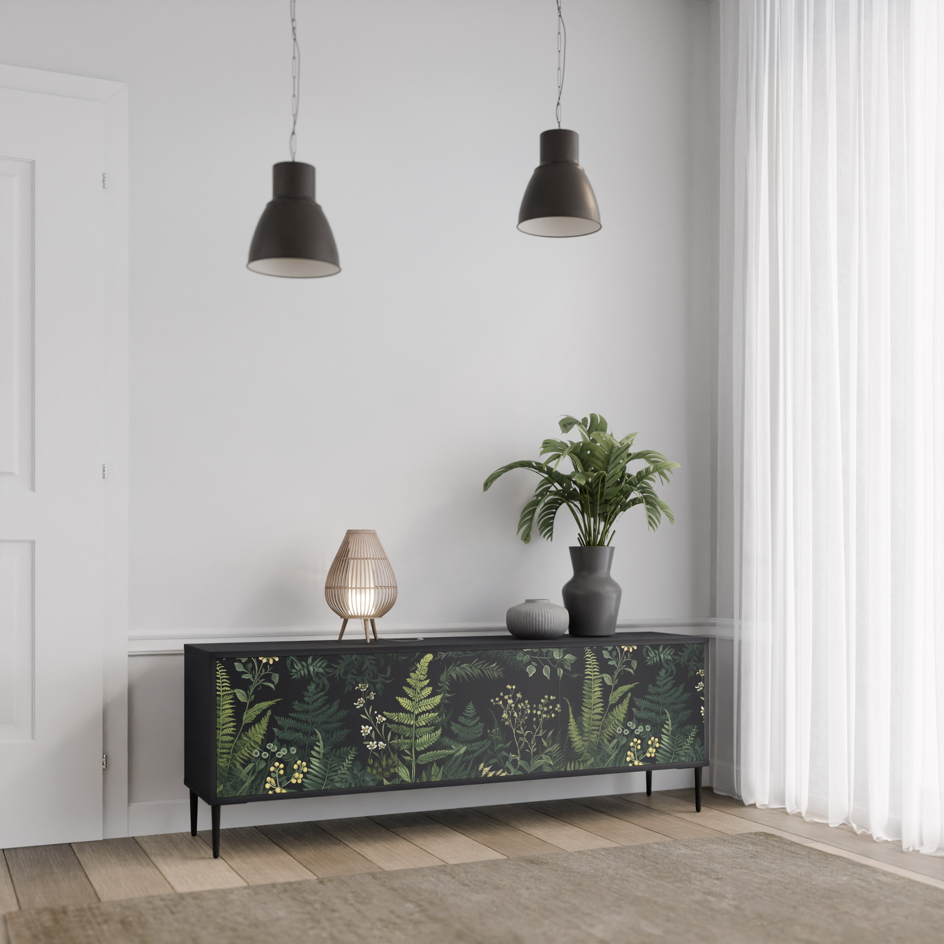 FERN FLOWERS Τρίθυρη βάση τηλεόρασης σε μαύρο φινίρισμα