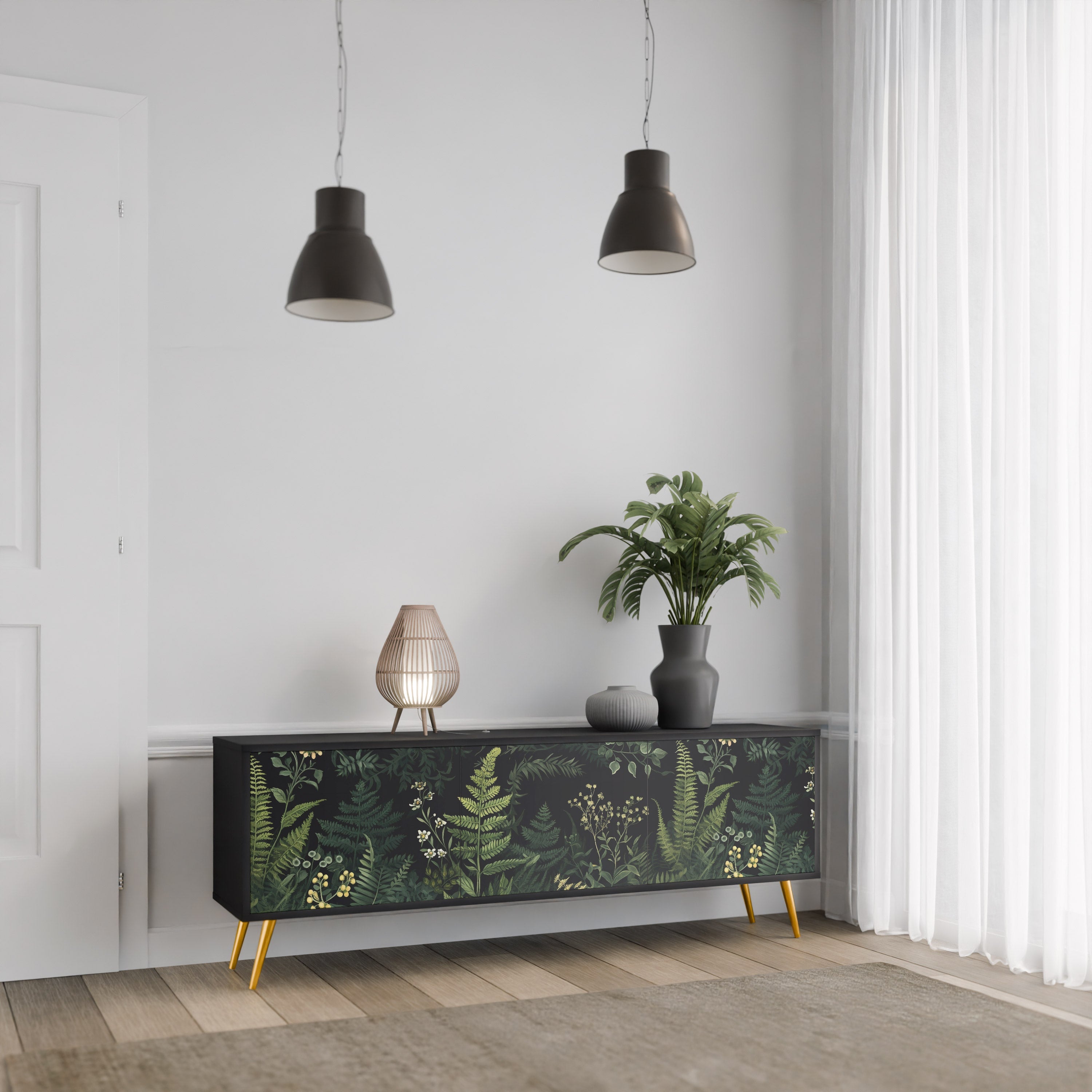 FERN FLOWERS Τρίθυρη βάση τηλεόρασης σε μαύρο φινίρισμα