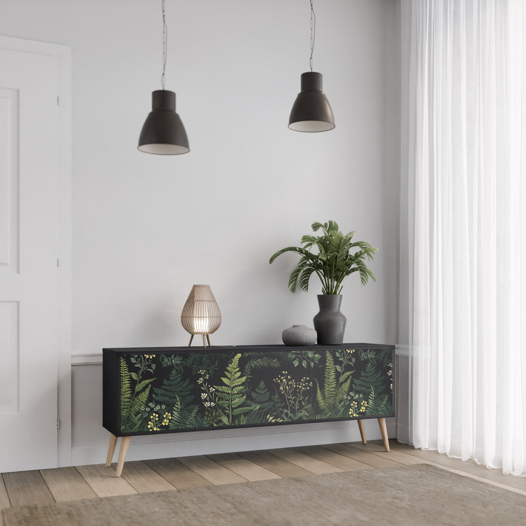 FERN FLOWERS Τρίθυρη βάση τηλεόρασης σε μαύρο φινίρισμα