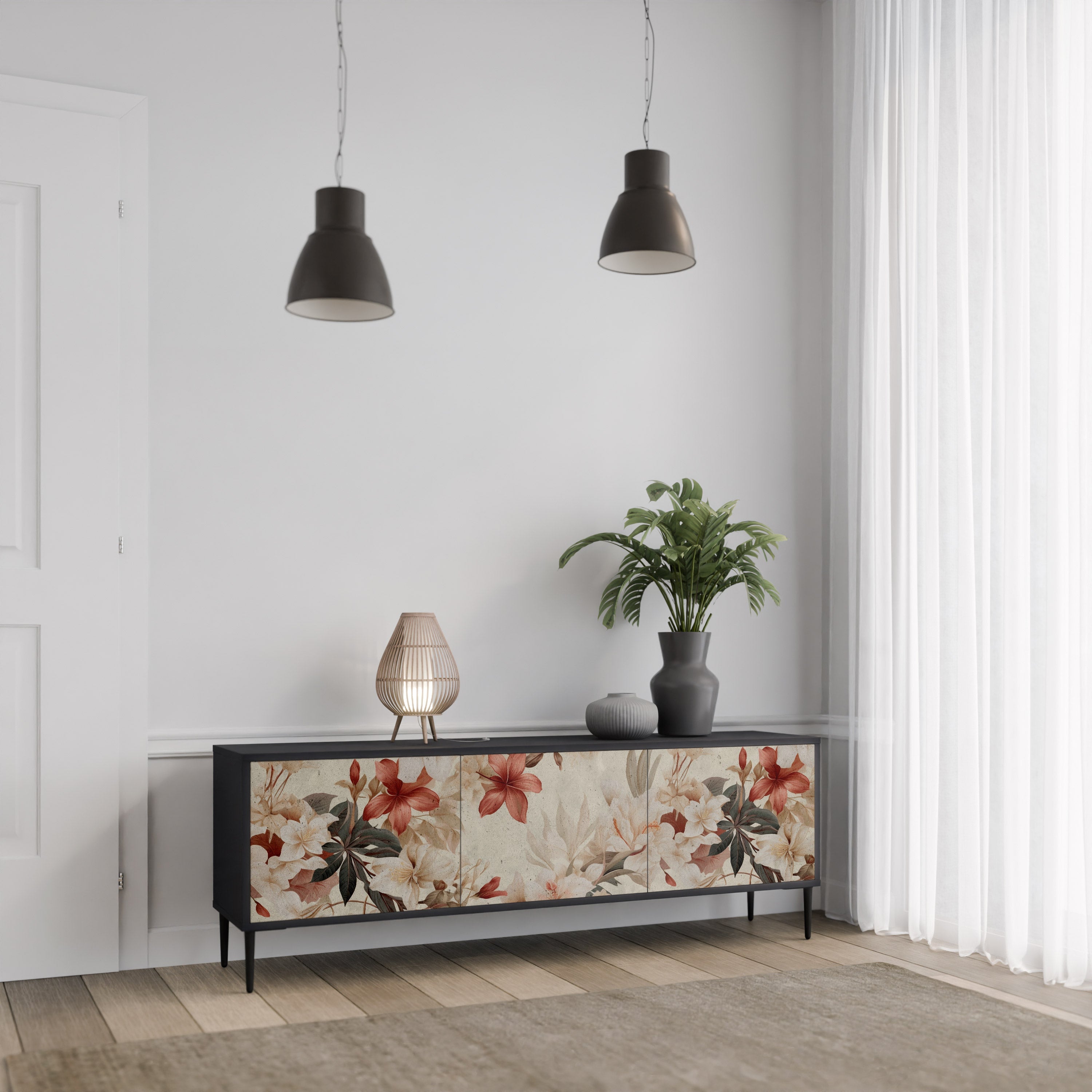 Βάση τηλεόρασης PETAL HARMONY με 3 πόρτες σε μαύρο φινίρισμα