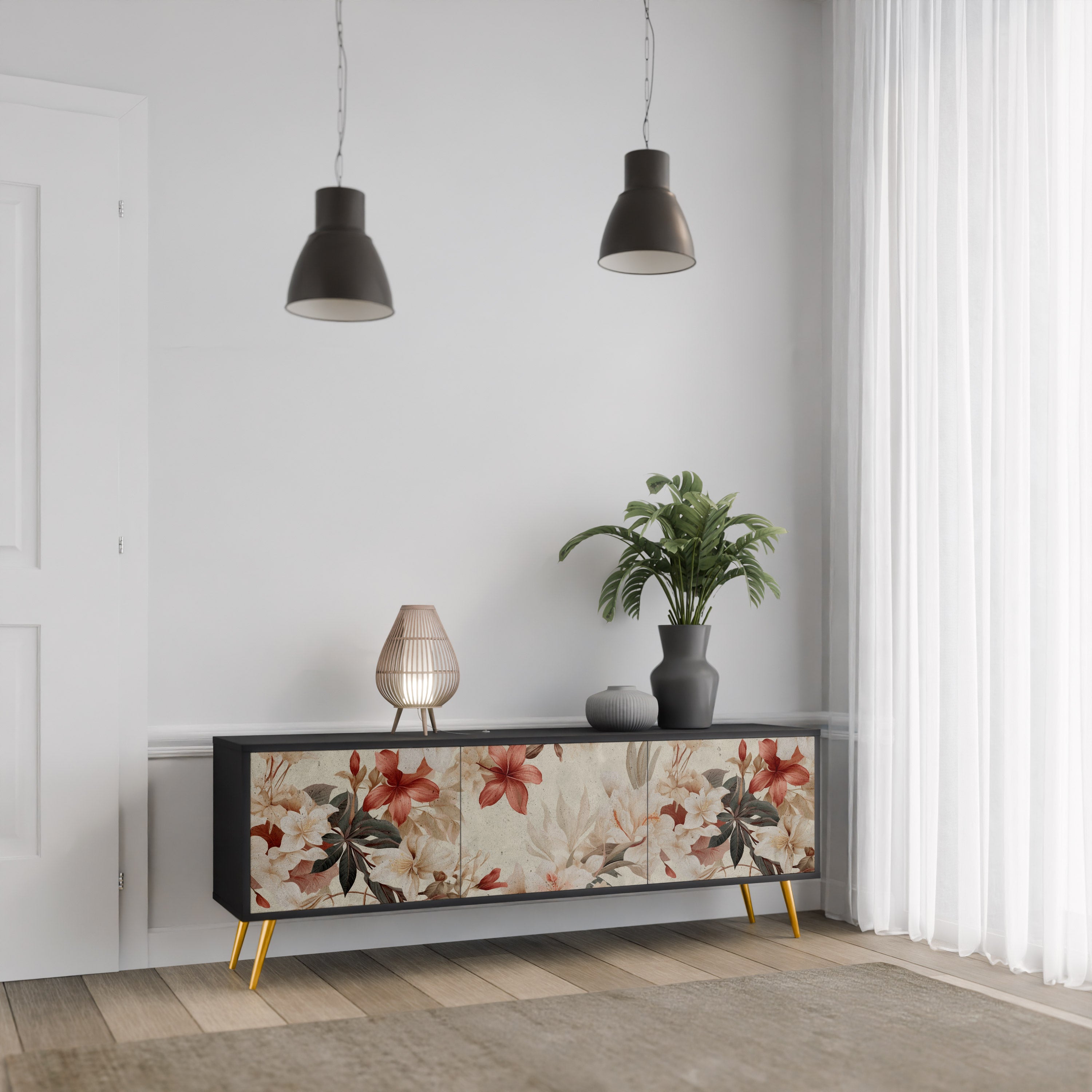 Βάση τηλεόρασης PETAL HARMONY με 3 πόρτες σε μαύρο φινίρισμα