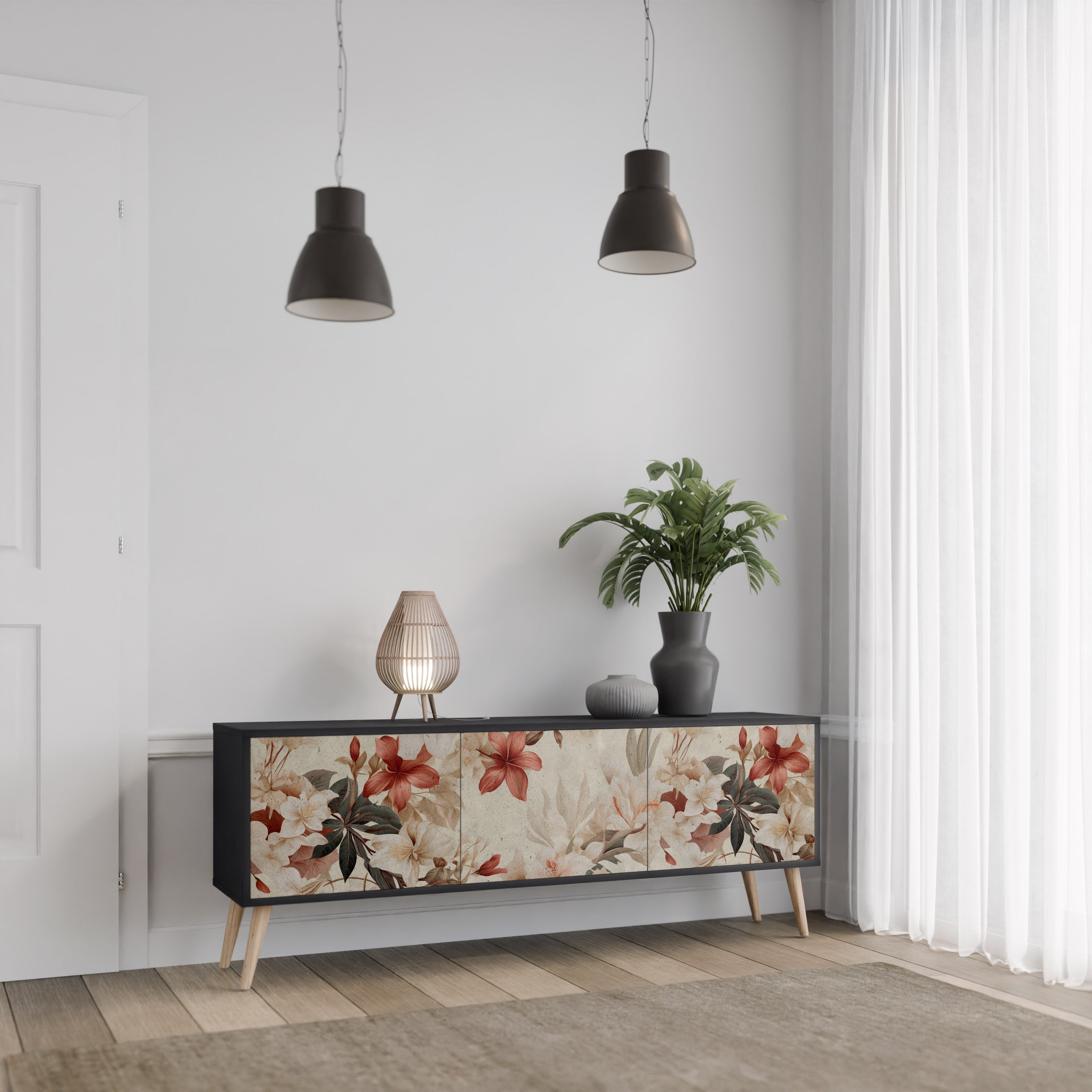Βάση τηλεόρασης PETAL HARMONY με 3 πόρτες σε μαύρο φινίρισμα