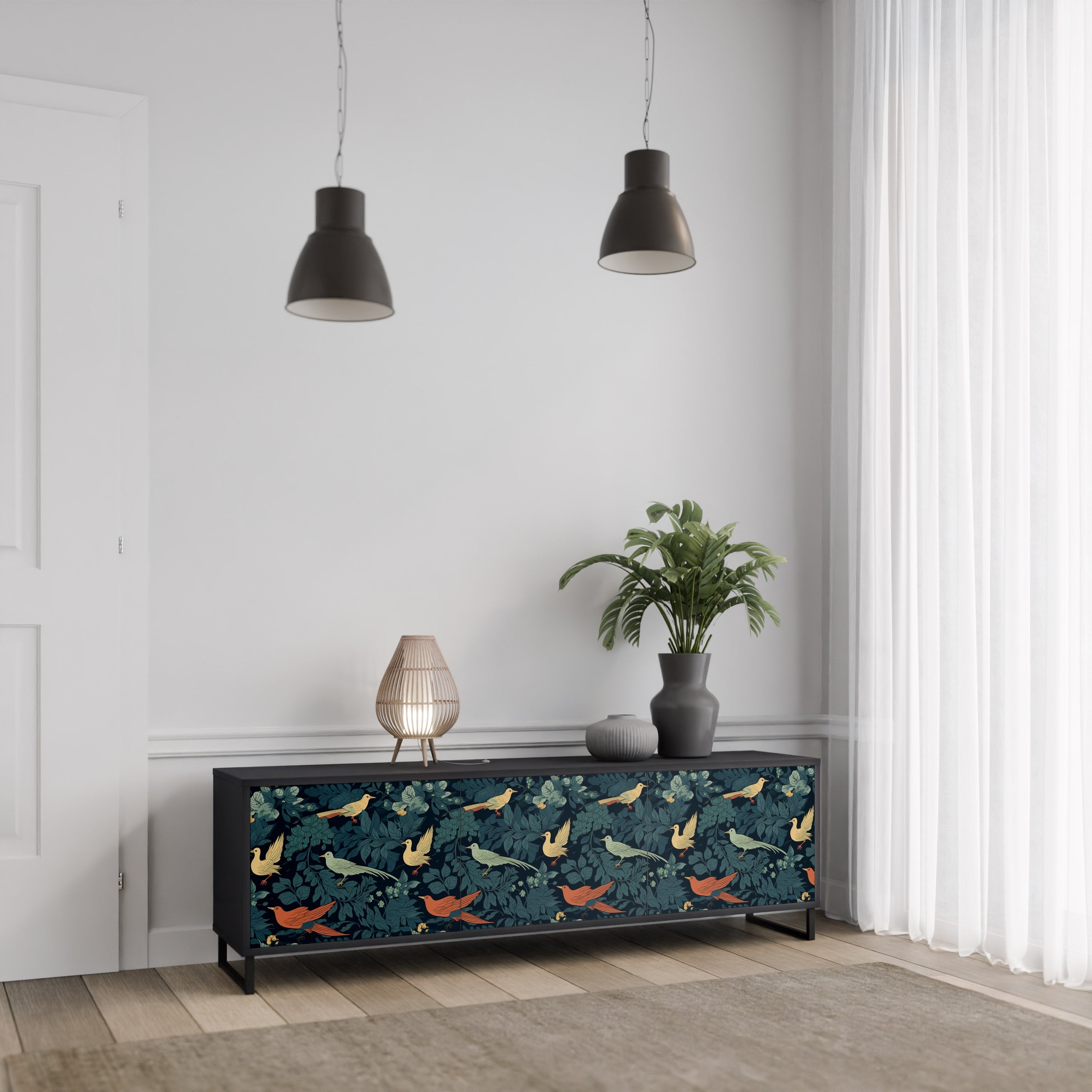 Βάση τηλεόρασης FOWL ORNAMENT με 3 πόρτες σε μαύρο φινίρισμα