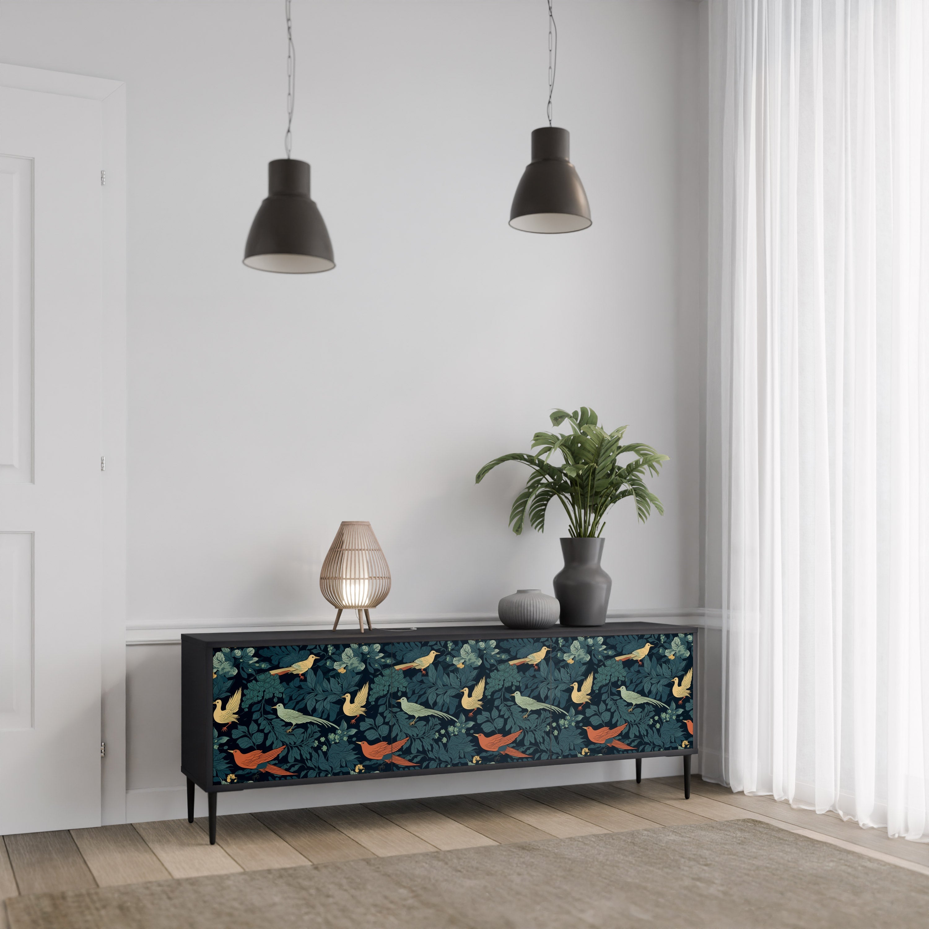 Βάση τηλεόρασης FOWL ORNAMENT με 3 πόρτες σε μαύρο φινίρισμα