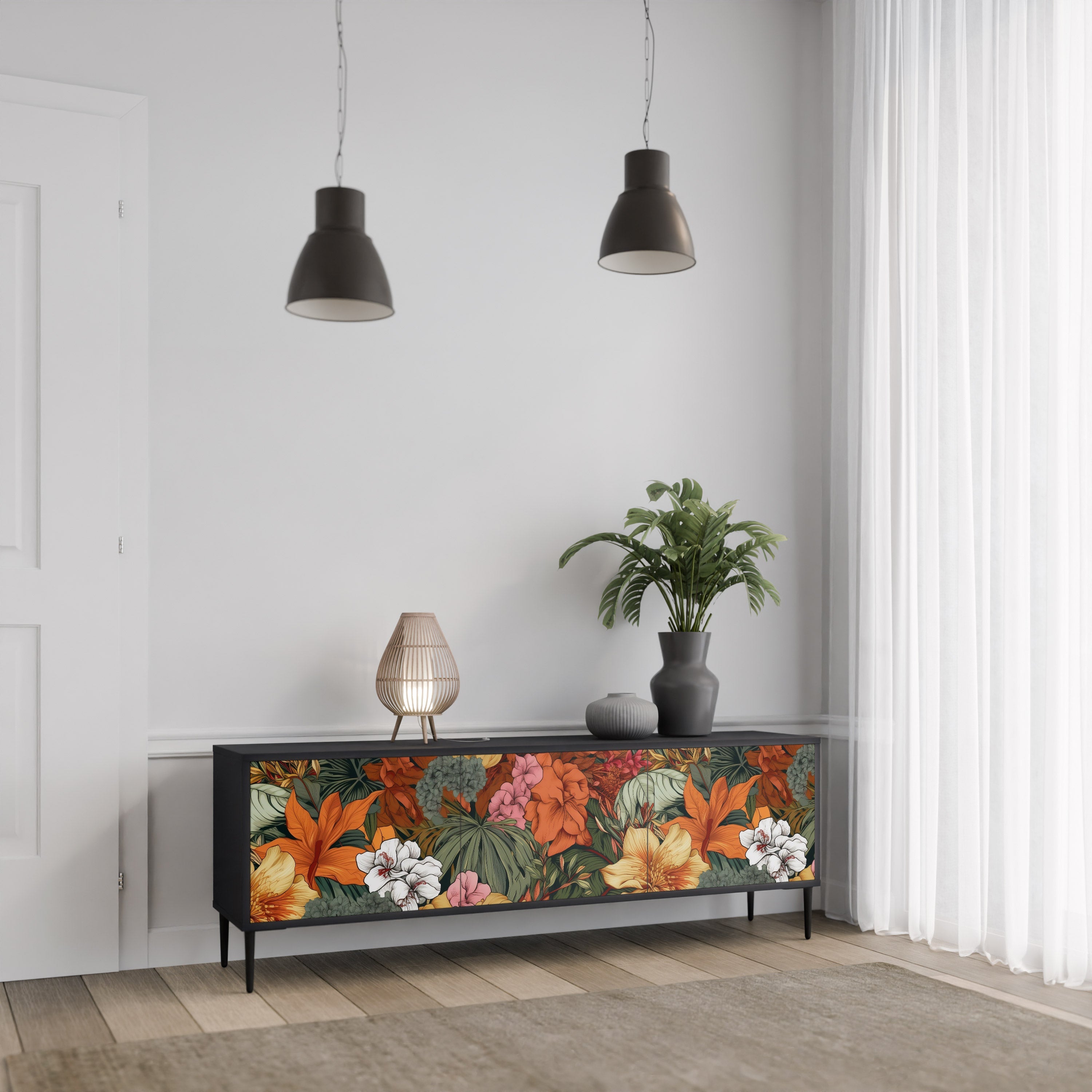 Βάση τηλεόρασης RADIANT FLORA με 3 πόρτες σε μαύρο φινίρισμα