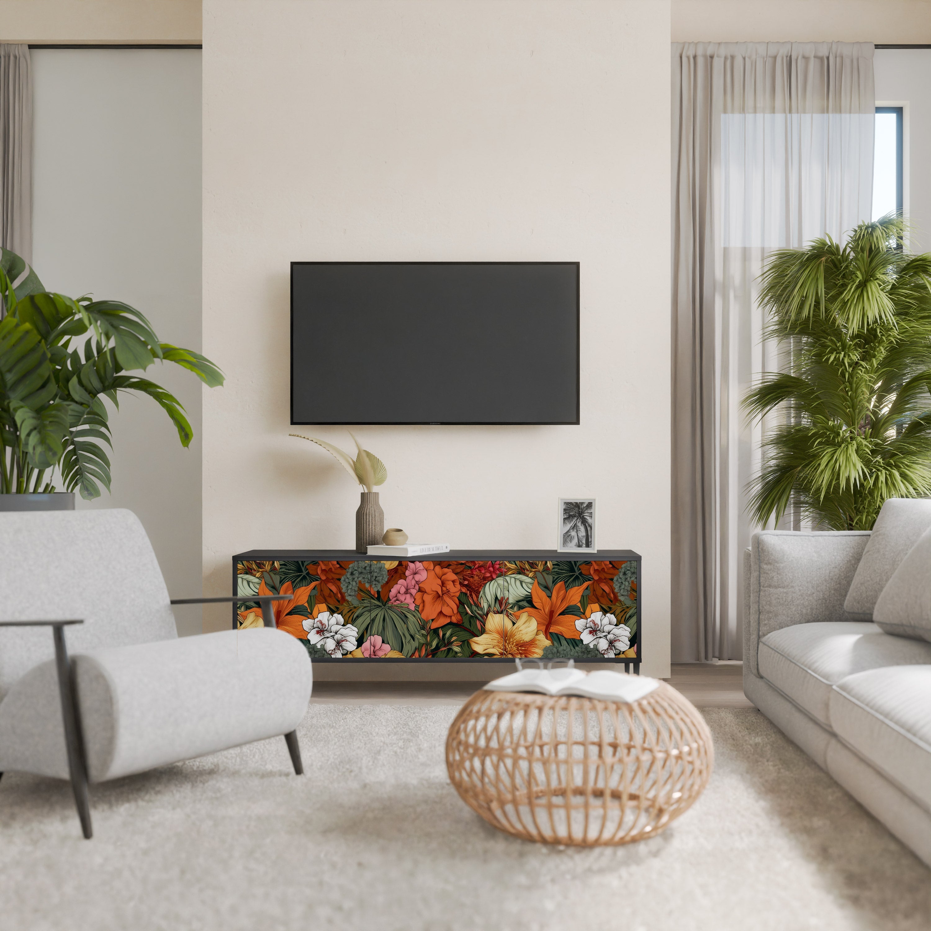Βάση τηλεόρασης RADIANT FLORA με 3 πόρτες σε μαύρο φινίρισμα