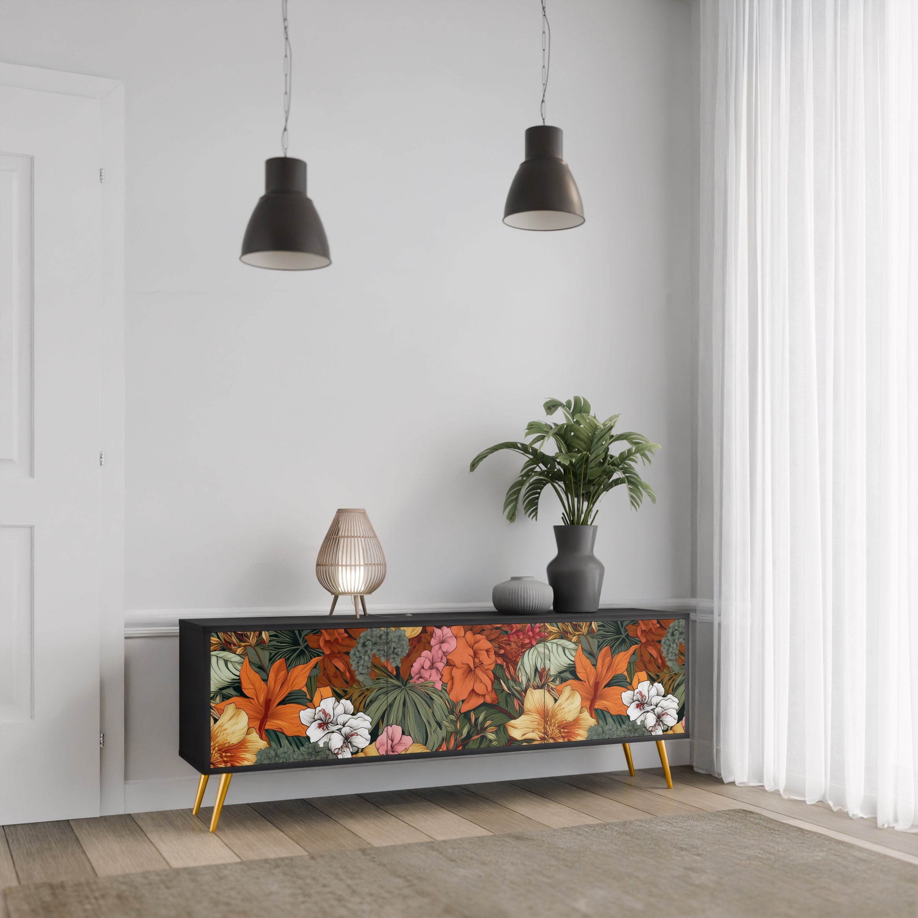 Βάση τηλεόρασης RADIANT FLORA με 3 πόρτες σε μαύρο φινίρισμα