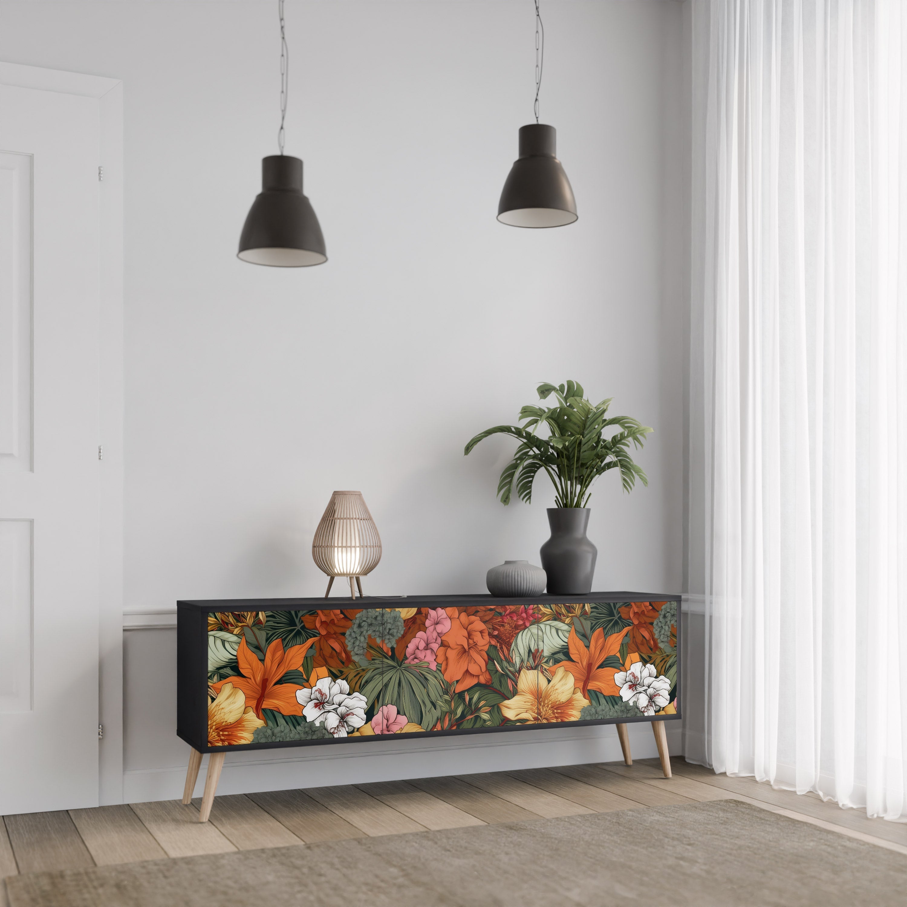 Βάση τηλεόρασης RADIANT FLORA με 3 πόρτες σε μαύρο φινίρισμα