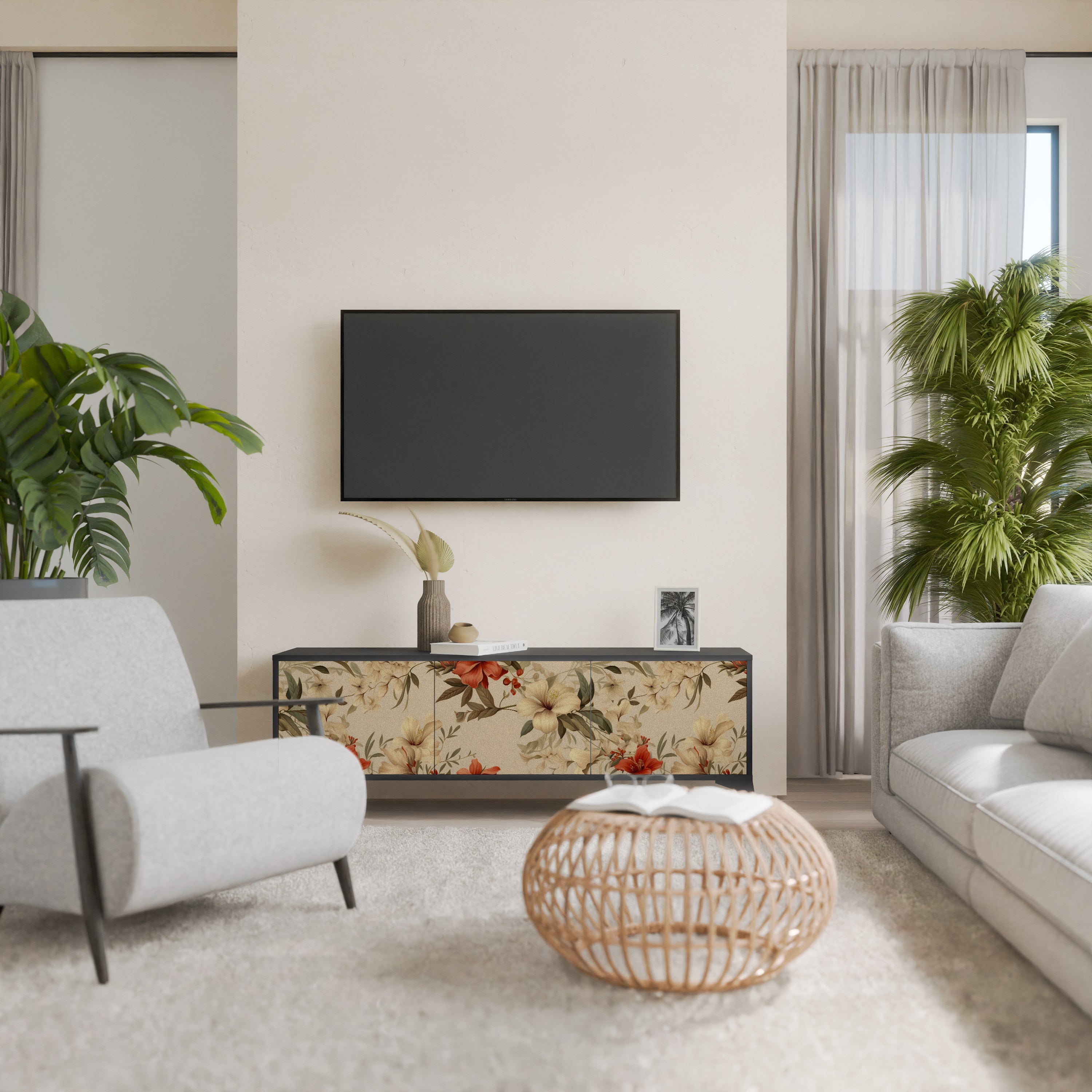 Βάση τηλεόρασης BLOOMING HARMONY με 3 πόρτες σε μαύρο φινίρισμα
