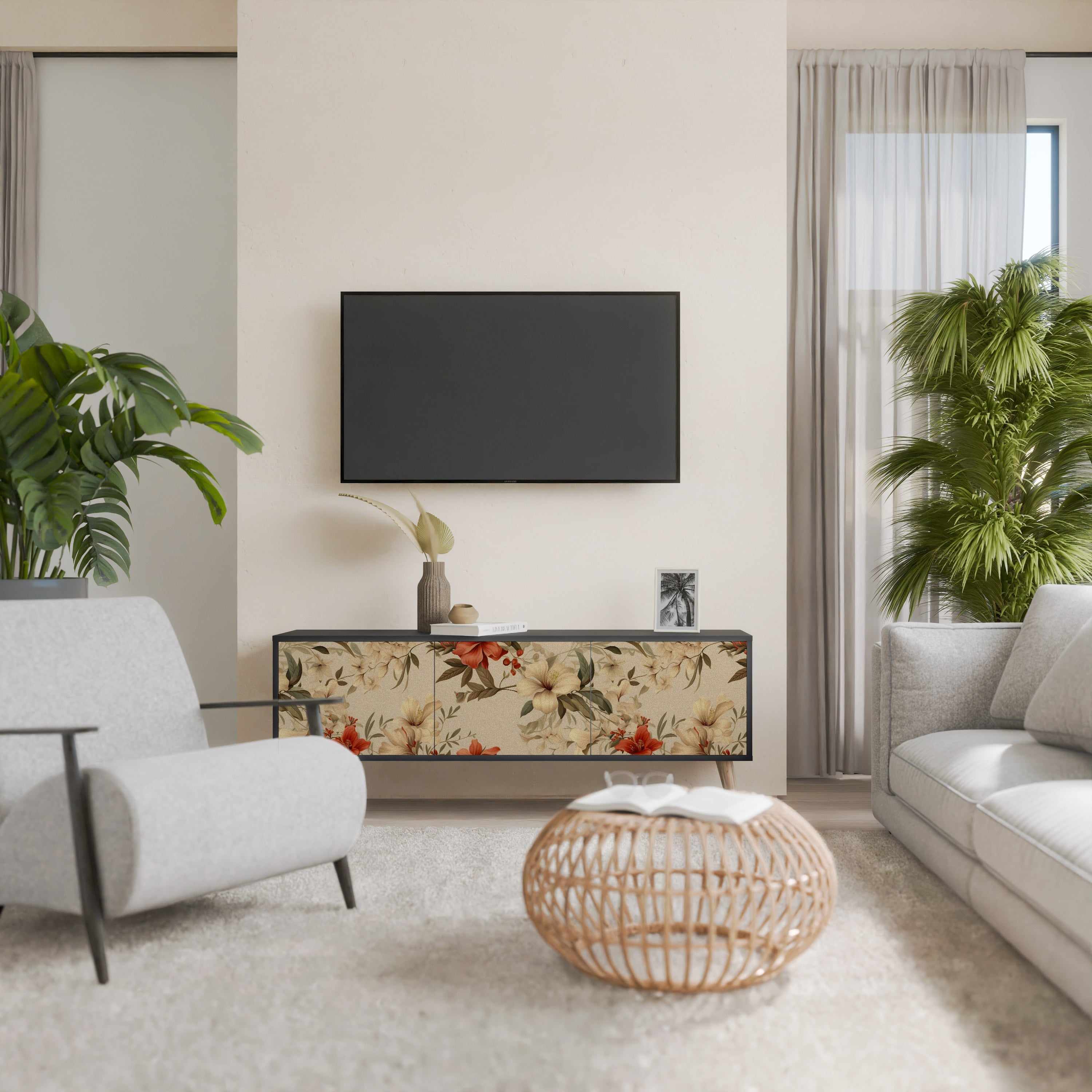 Βάση τηλεόρασης BLOOMING HARMONY με 3 πόρτες σε μαύρο φινίρισμα
