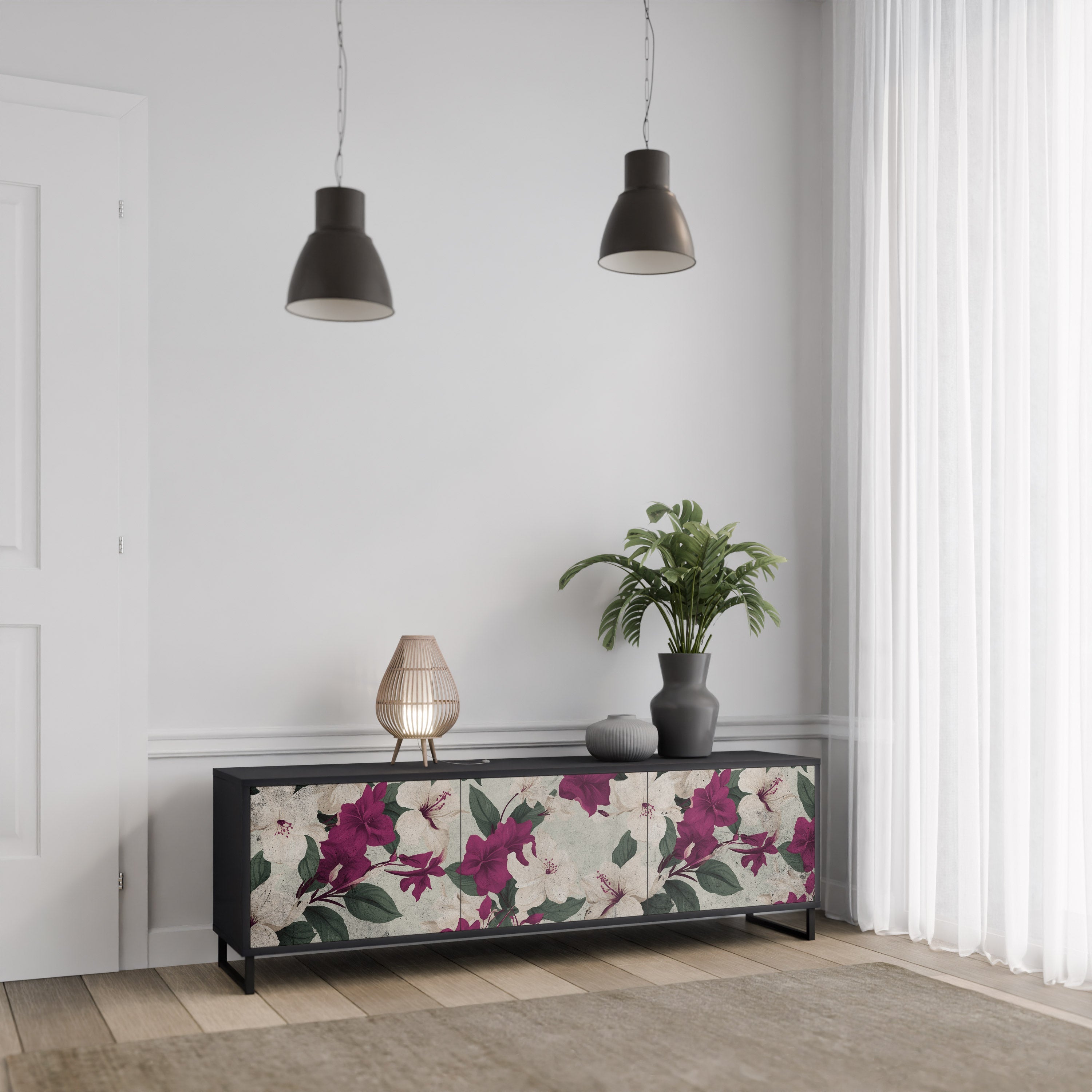 FLOWERET DREAM Τρίθυρη βάση τηλεόρασης σε μαύρο φινίρισμα